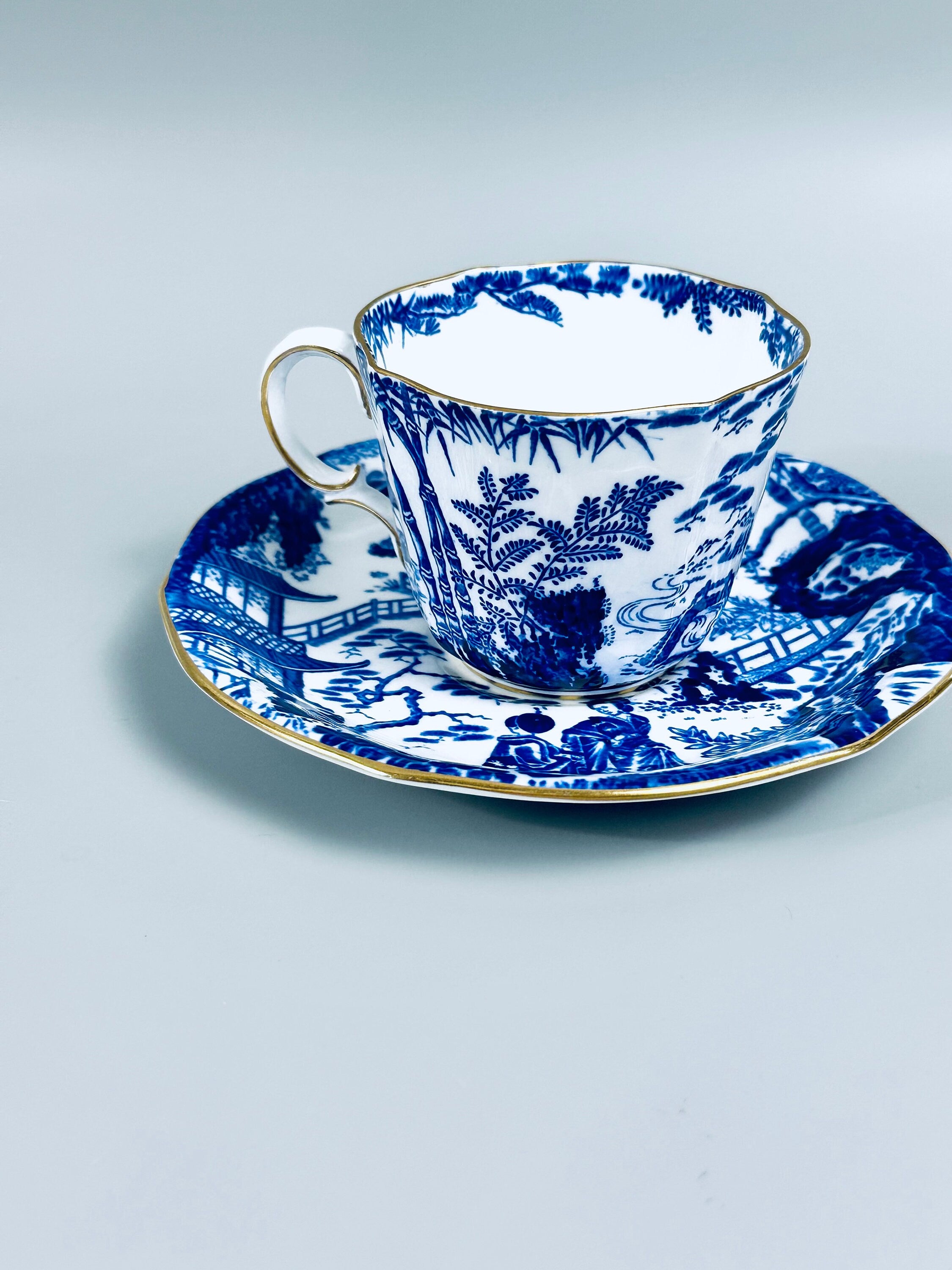 2 Royal Crown Derby Blue Mikado Teacups