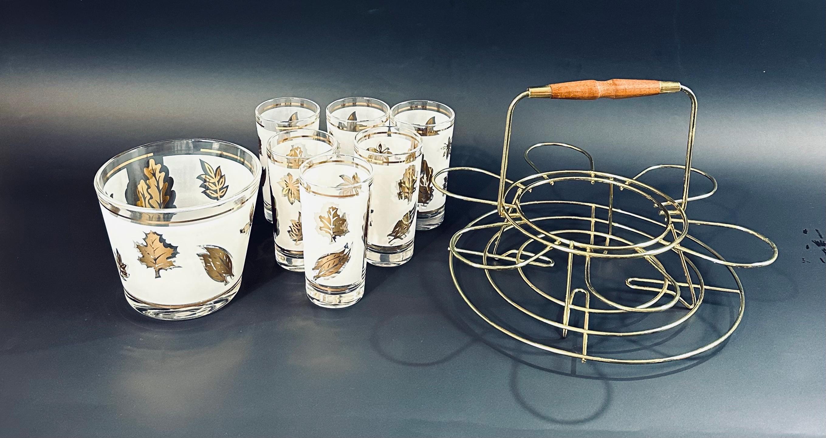 Libbey Gold Leaf Barware Set With Holder and Ice Bucket