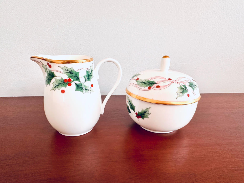 Mikasa Ribbon Holly Creamer and Sugar Bowl