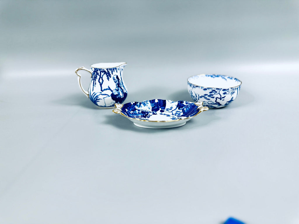 Blue Mikado By Royal Crown Derby Creamer, Sugar Bowl and Teaspoon Rest