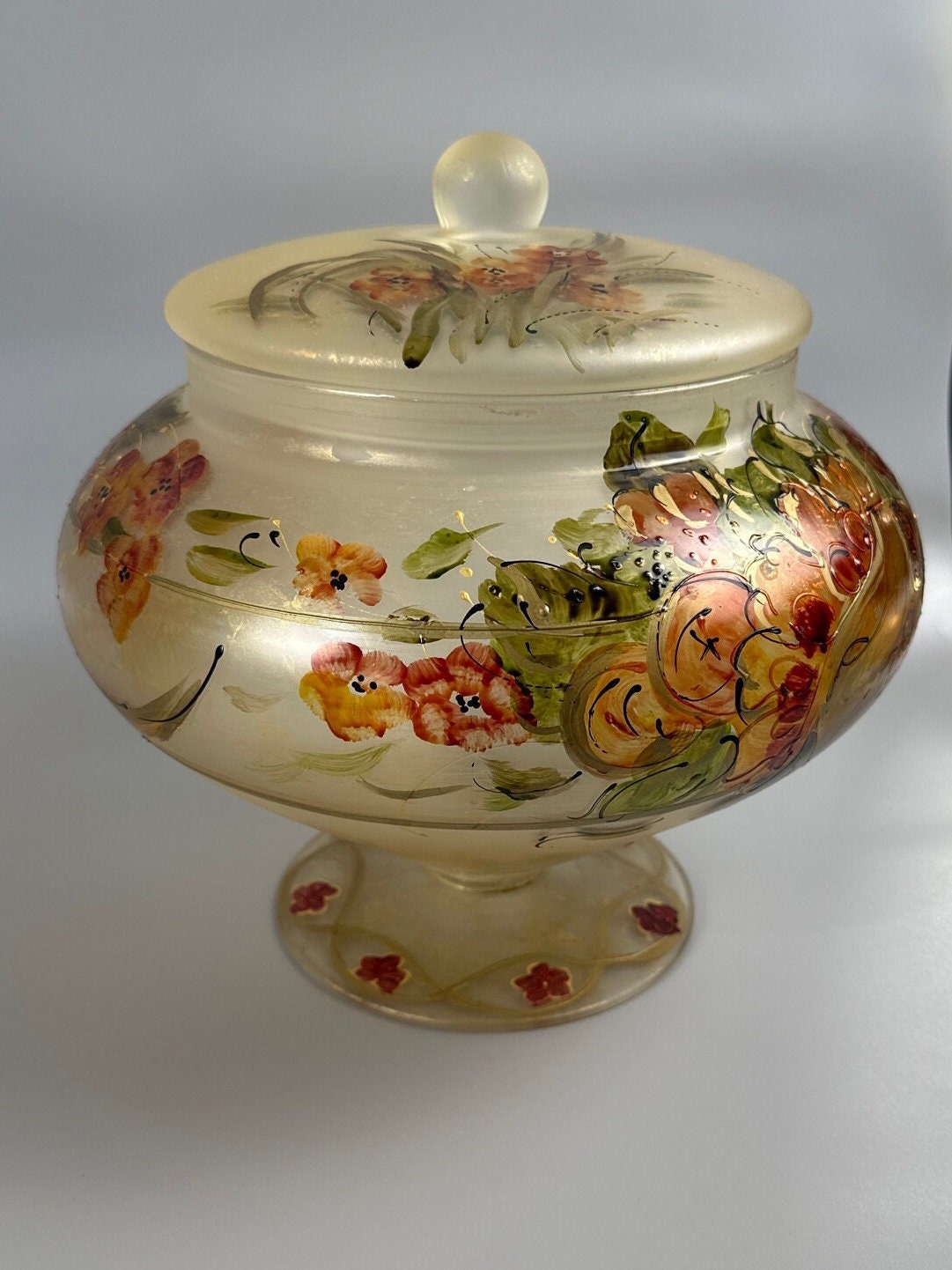 Vintage Large Murano Frosted Satin Glass With Hand Painted Flowers