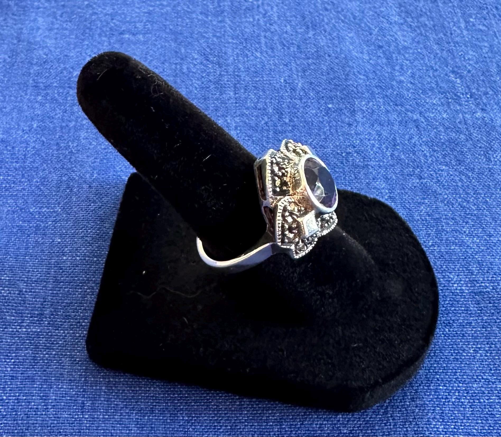Vintage Sterling Silver Amethyst Marcasite Ring