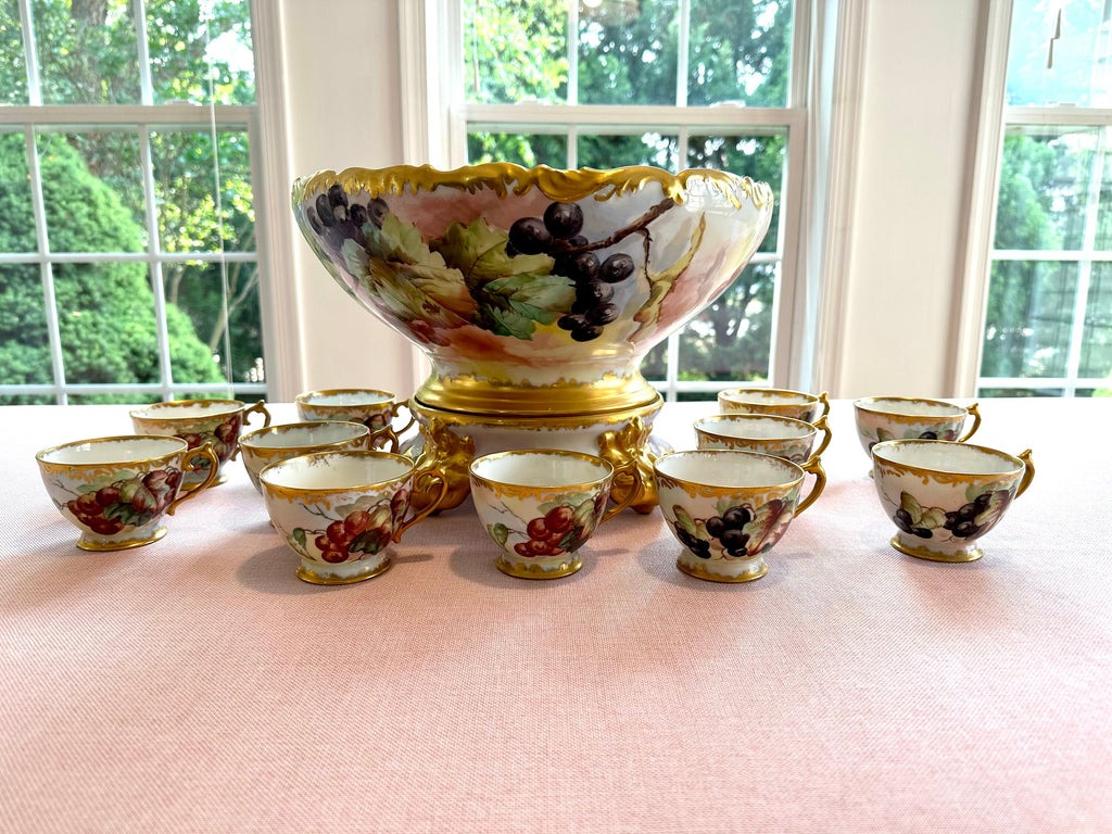 Sale-Stunning Antique Limoges Hand-painted Punchbowl Set