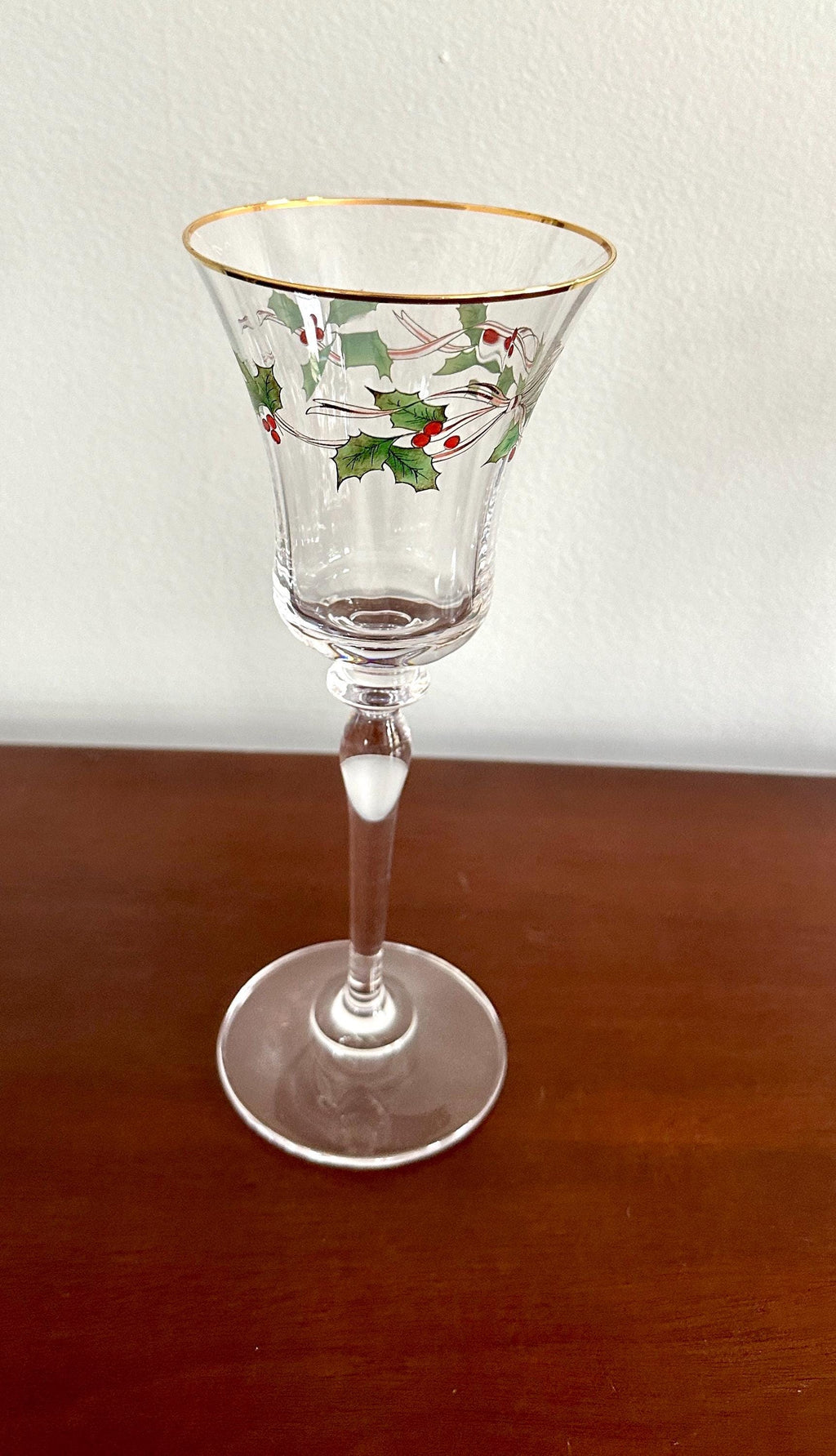 7 Mikasa Ribbon Holly Crystal Water Goblets