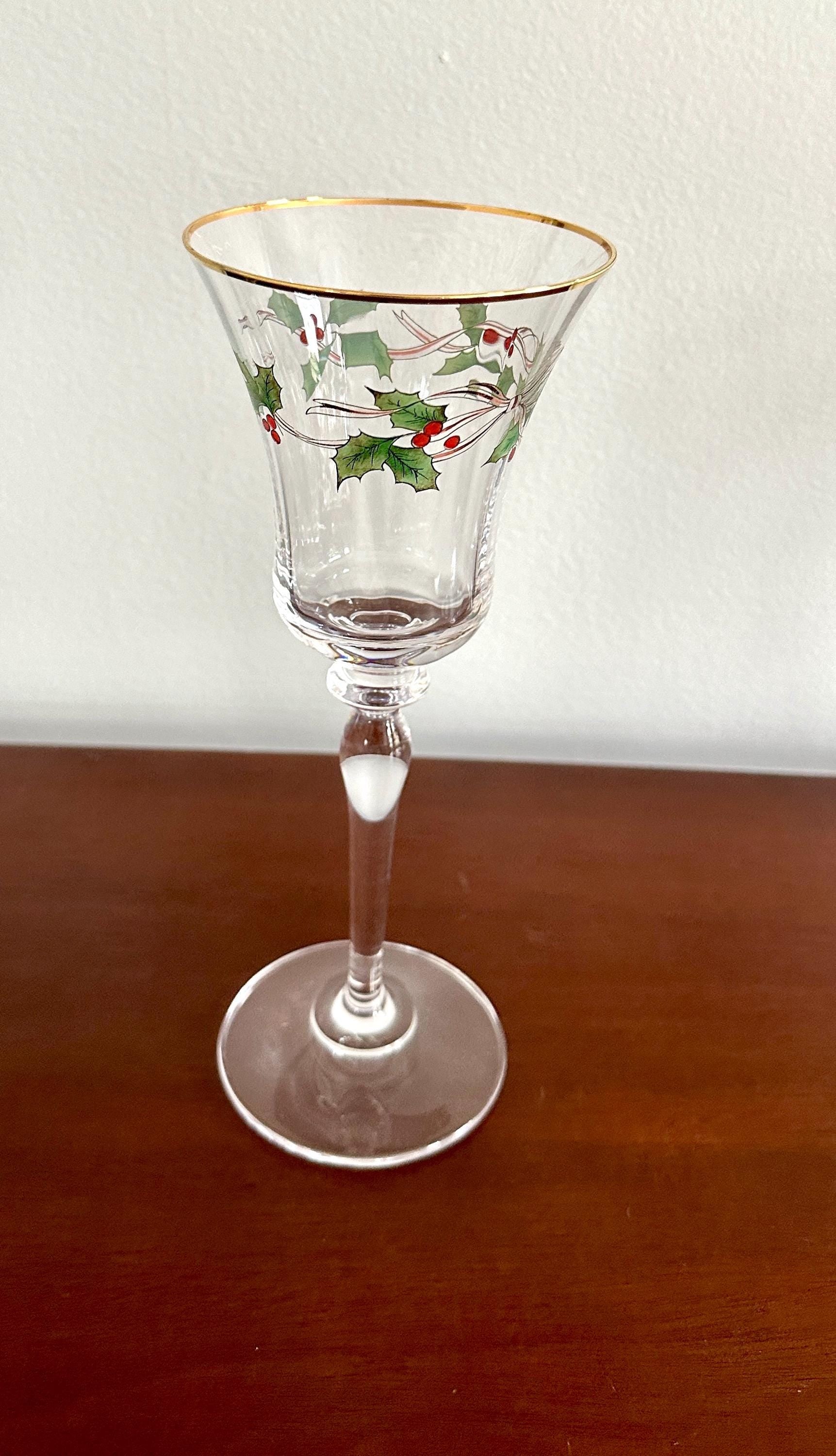 7 Mikasa Ribbon Holly Crystal Water Goblets