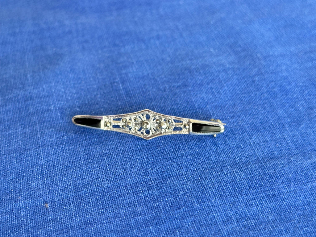 Antique Sterling and Oynx Marcasite Brooch Pin