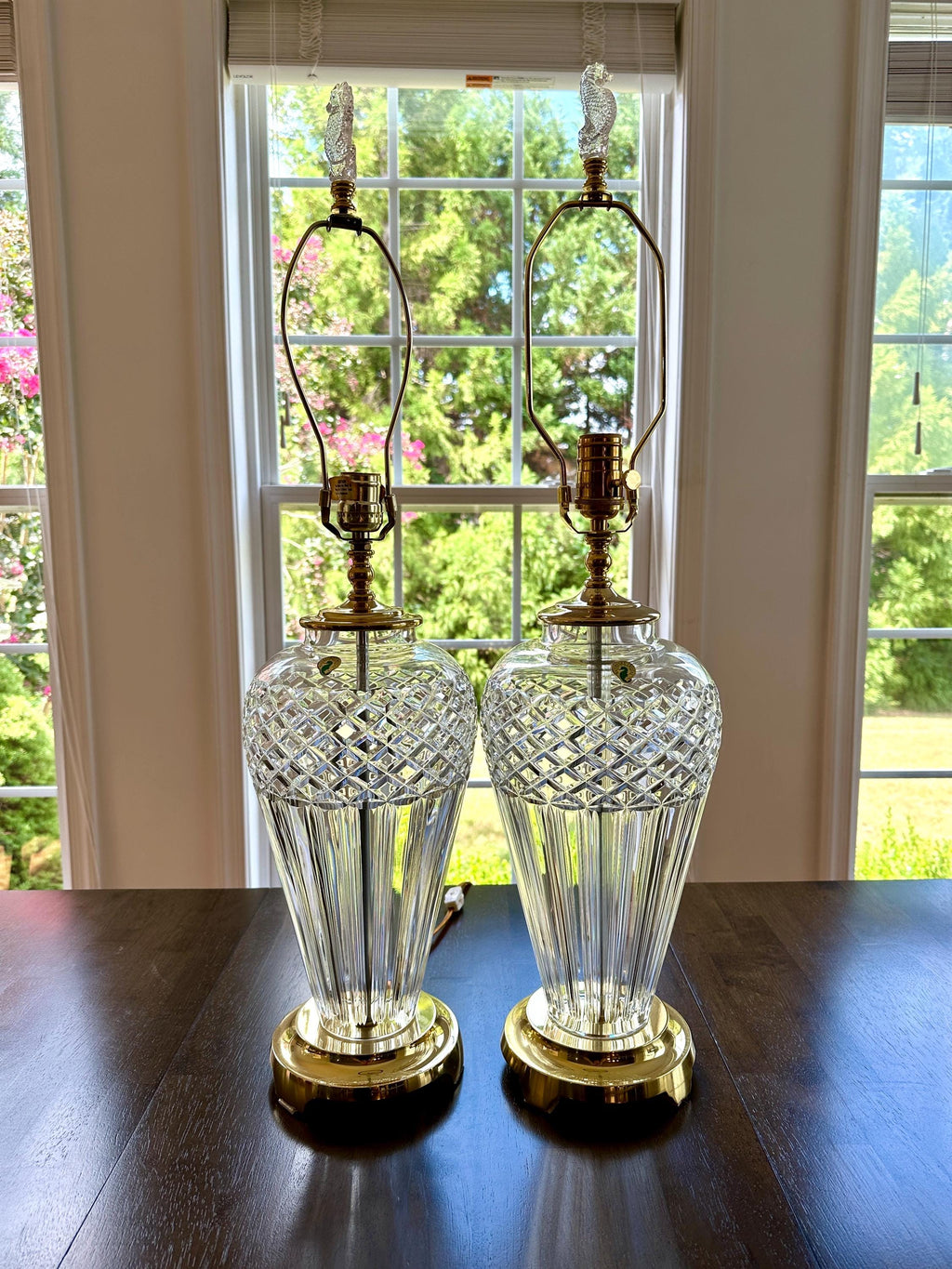 Pair of Waterford Belline Crystal and Brass Tall Lamps 30”