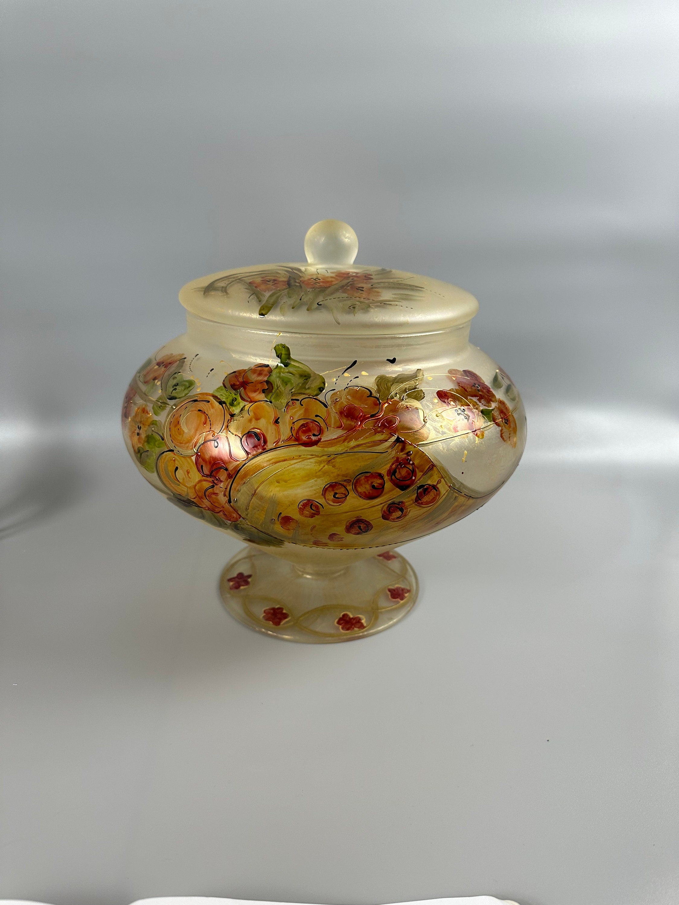 Vintage Large Murano Frosted Satin Glass With Hand Painted Flowers