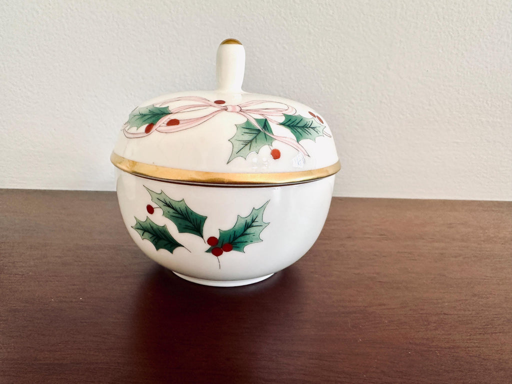 Mikasa Ribbon Holly Creamer and Sugar Bowl