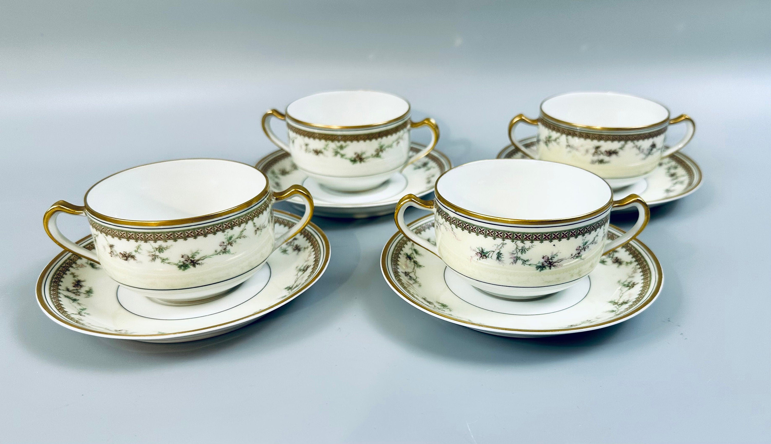 4 Haviland Yale Bouillon Soup Cups and Saucers