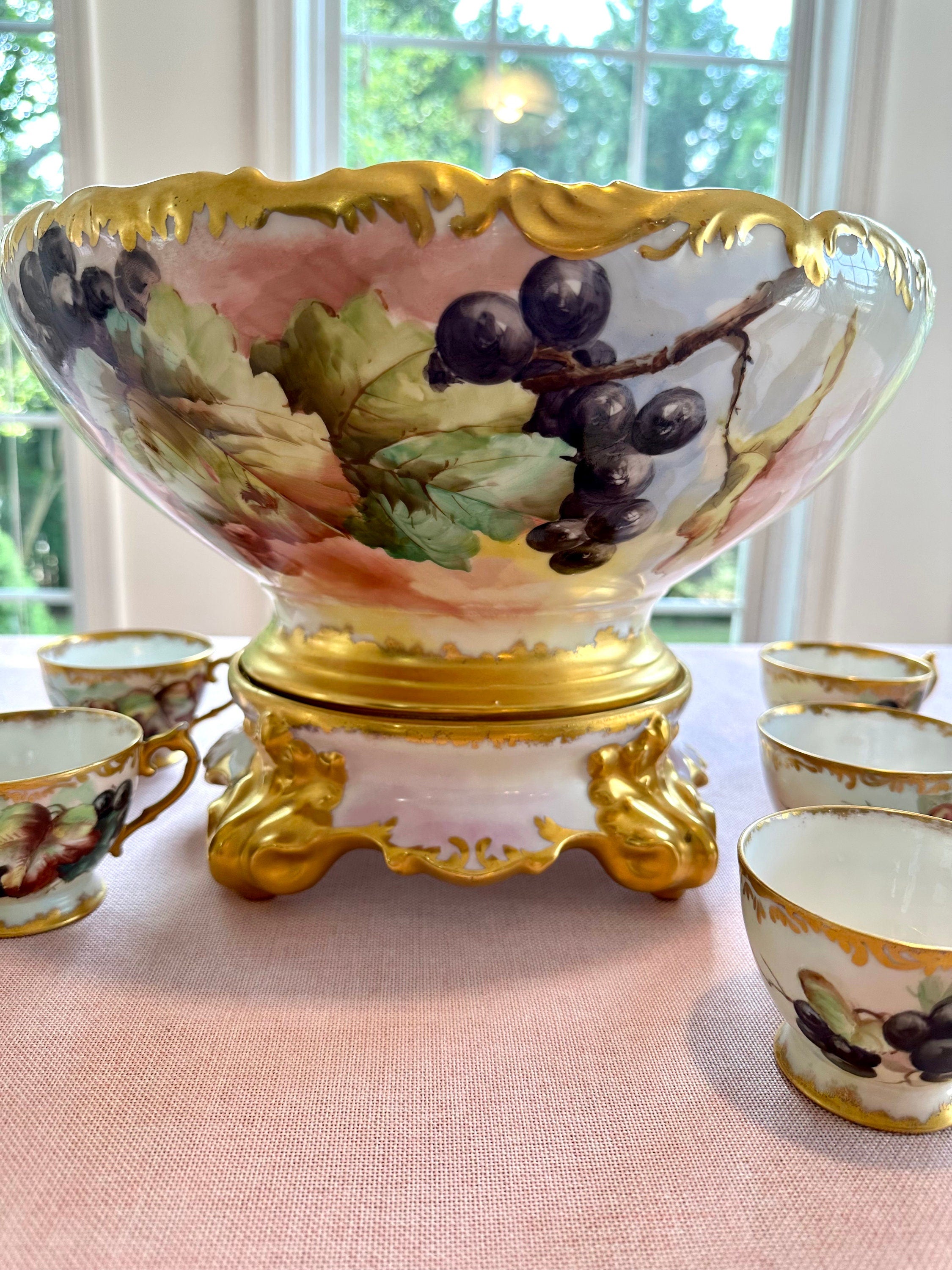Sale-Stunning Antique Limoges Hand-painted Punchbowl Set
