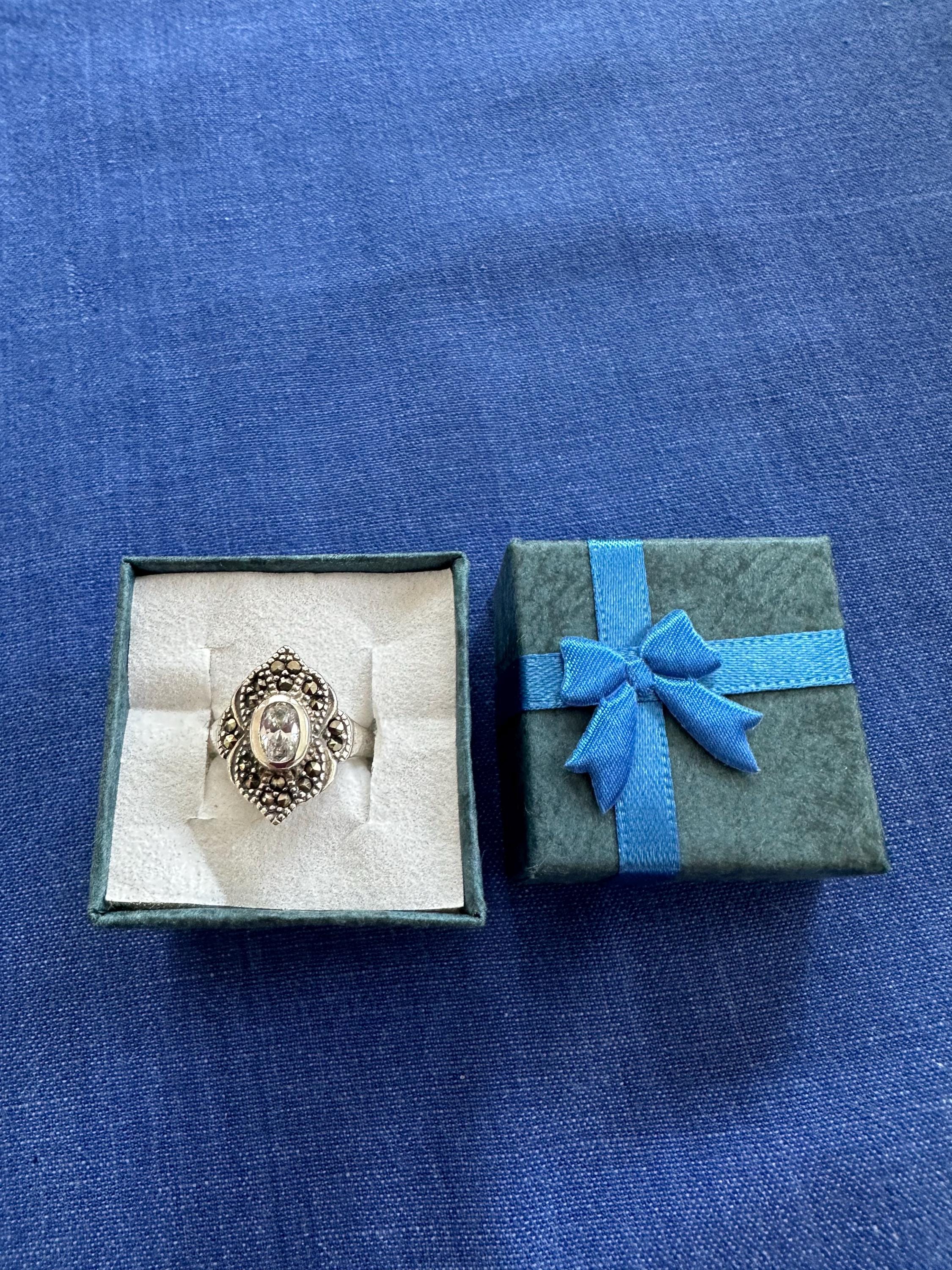 Vintage Sterling Silver Marcasite and Cubic Zirconia Cocktail Ring