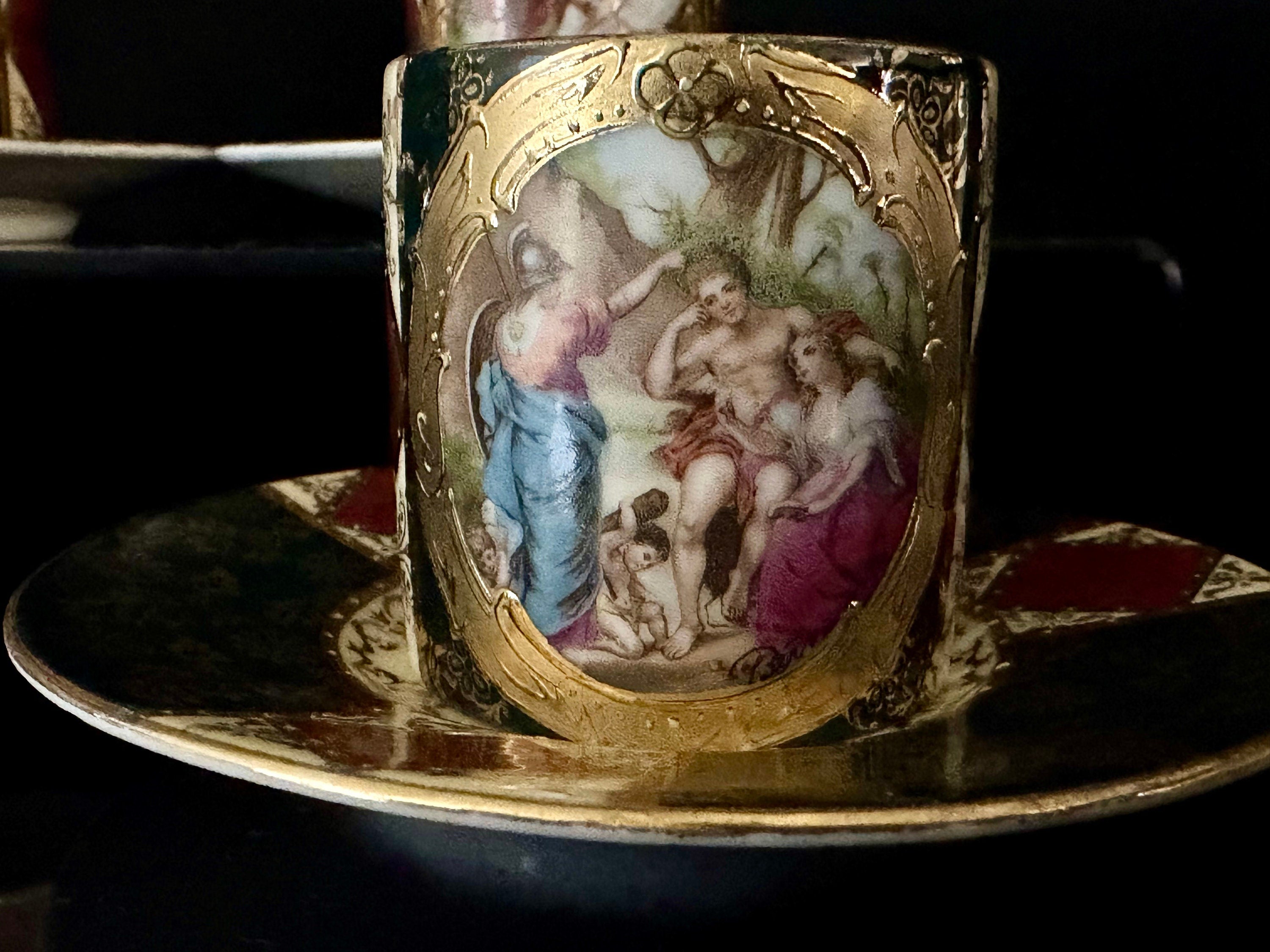 4 Antique Royal Vienna Reproduction Demitasse Cups and Saucers