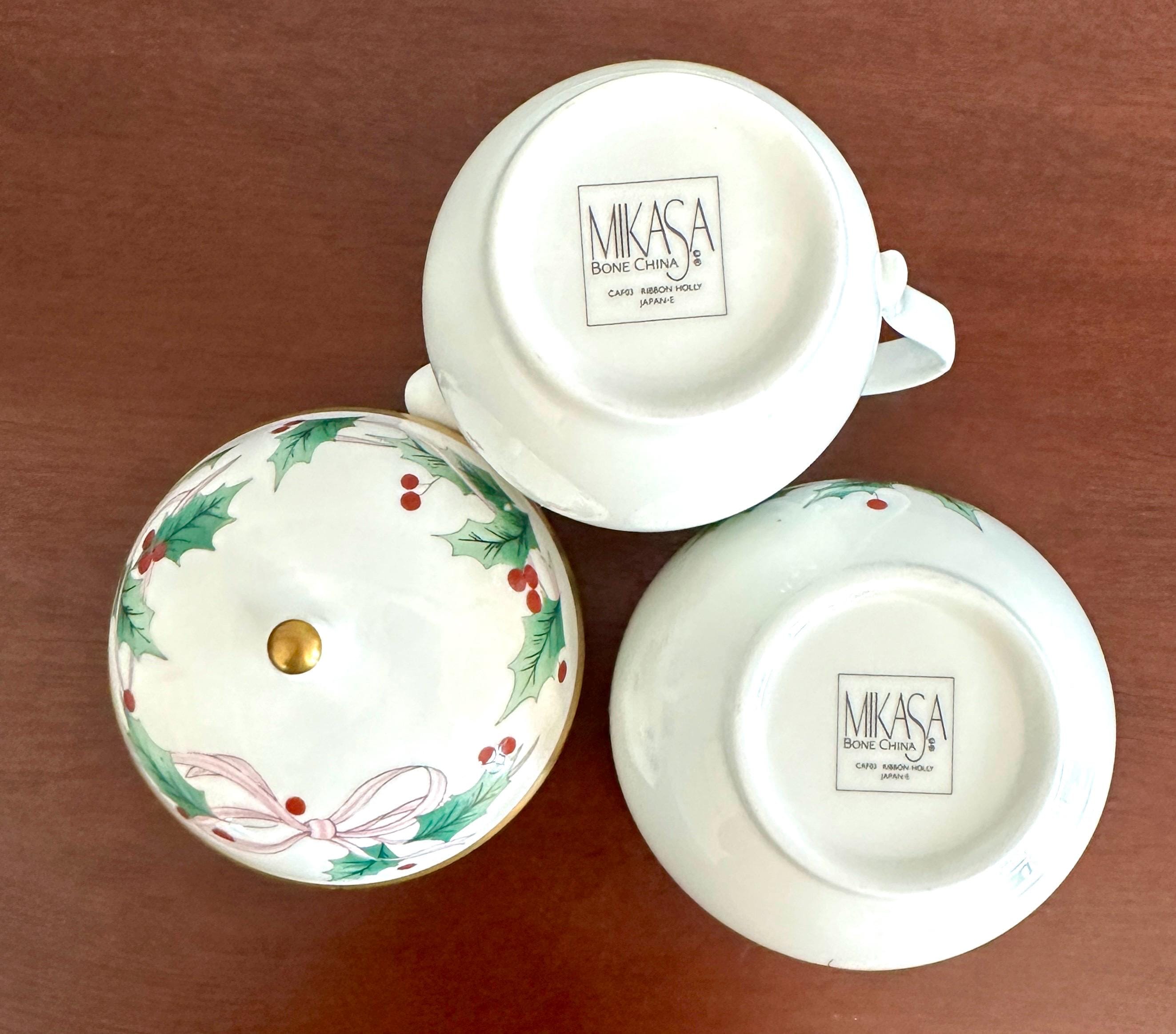 Mikasa Ribbon Holly Creamer and Sugar Bowl