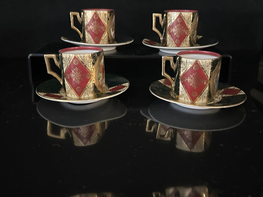 4 Antique Royal Vienna Reproduction Demitasse Cups and Saucers