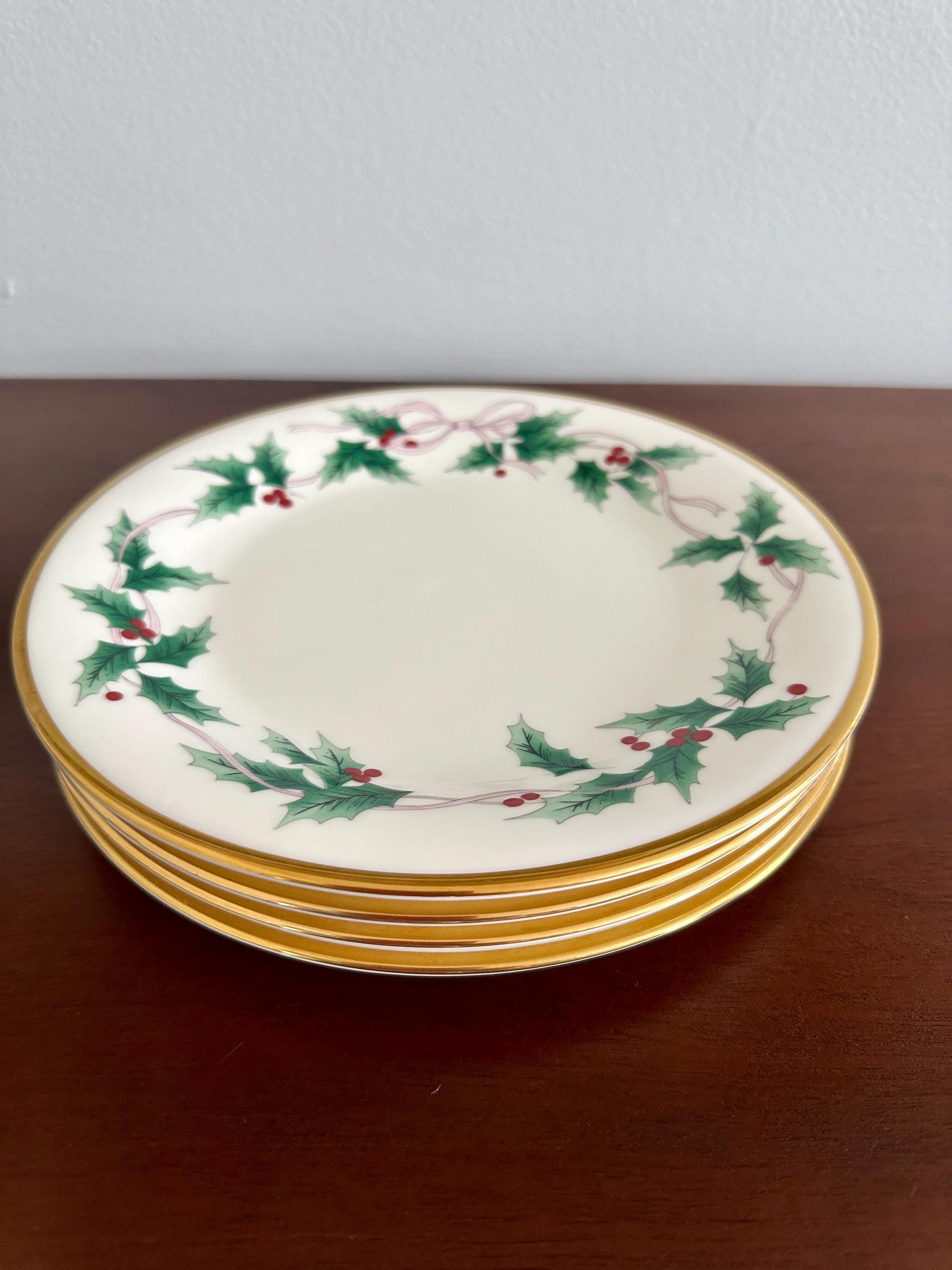 4 Mikasa Ribbon Holly Salad Plates Dessert Plates