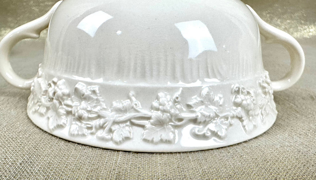2 Wedgwood Queensware Cream Soup Bowls & Saucers - Grape Pattern