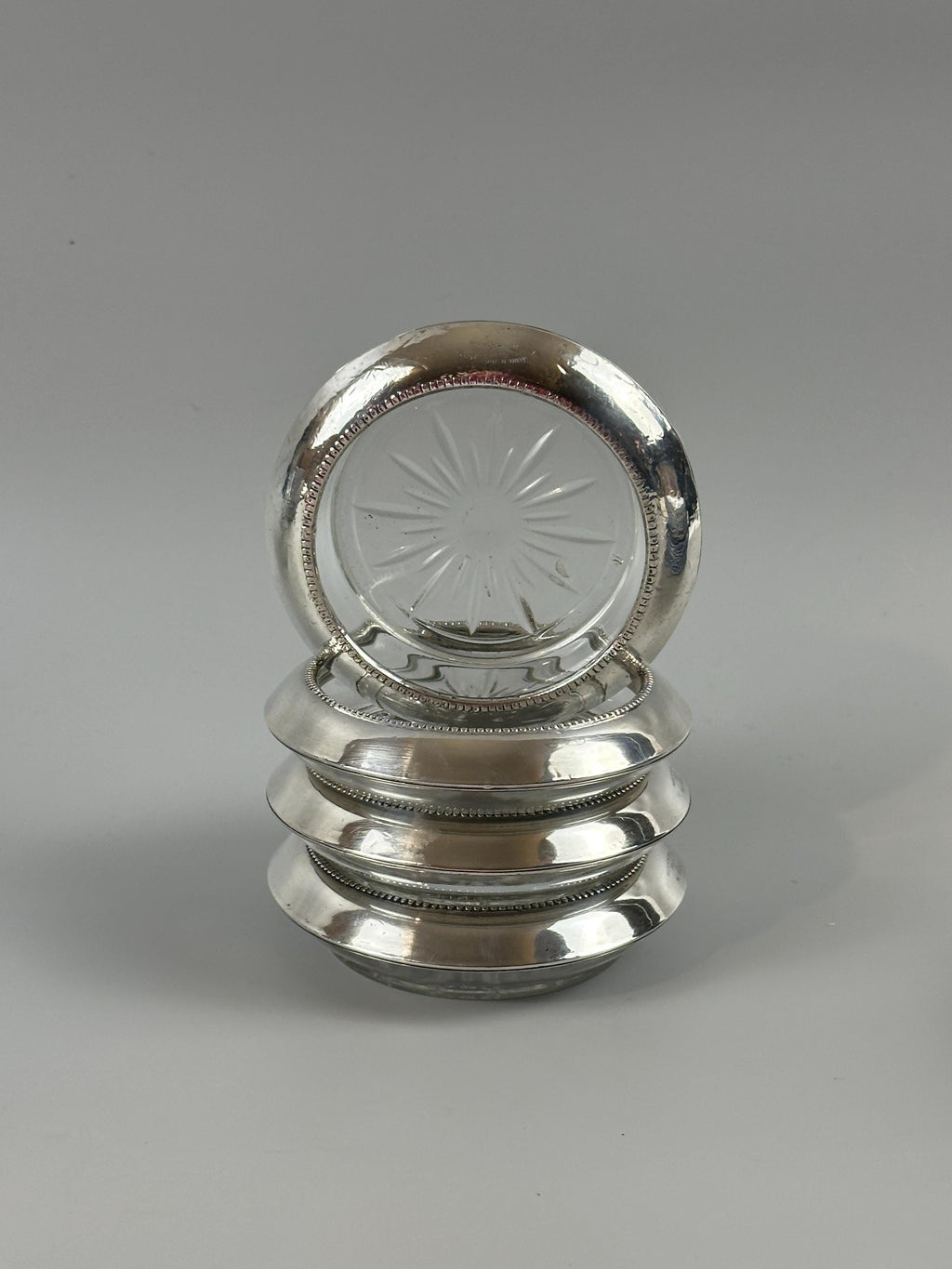 4 Antique Whiting Silver Sterling and Glass Coasters