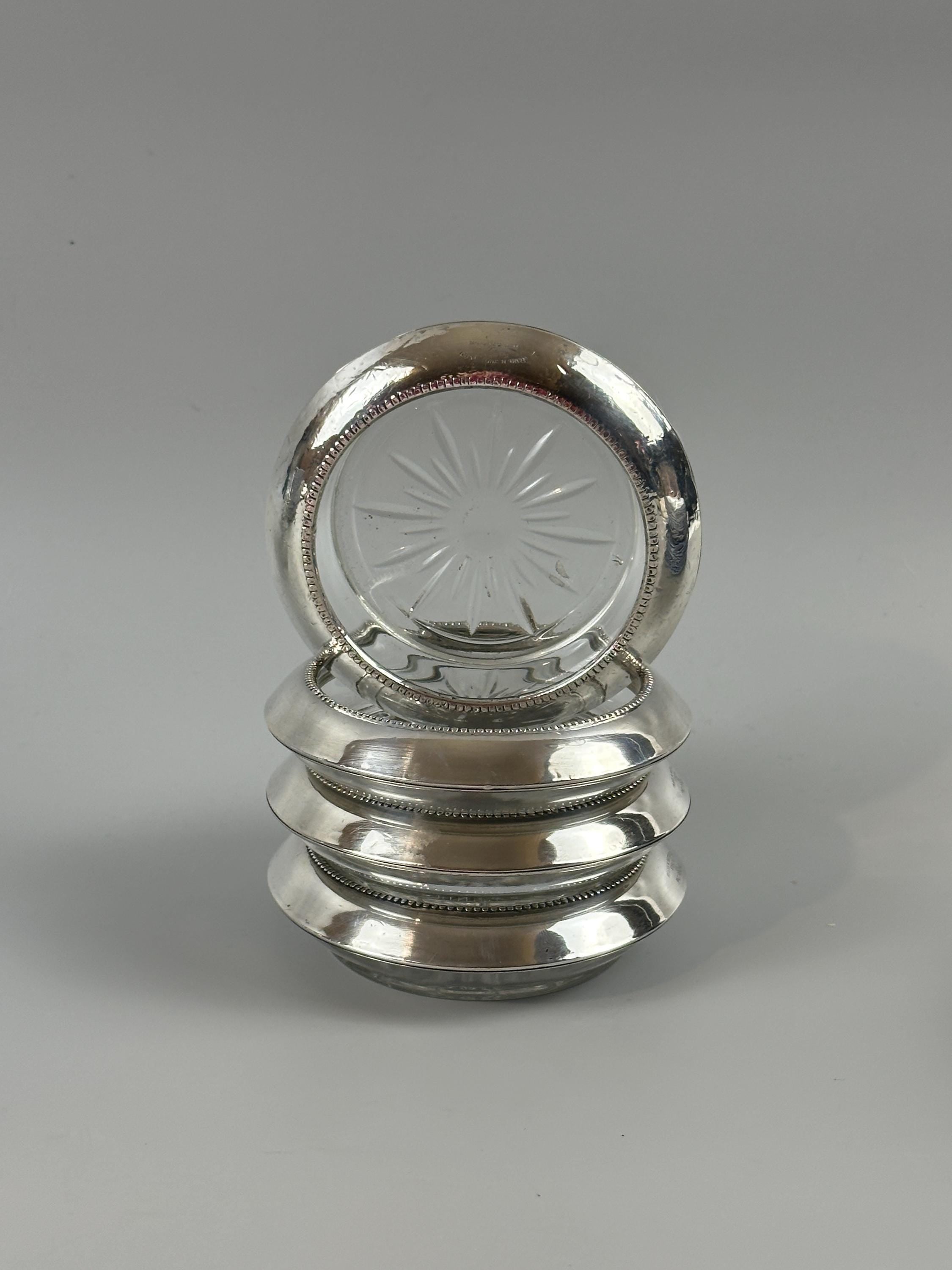4 Antique Whiting Silver Sterling and Glass Coasters