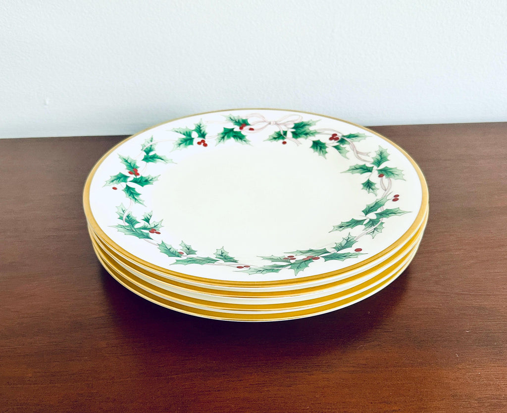 4 Mikasa Ribbon Holly Dinner Plates