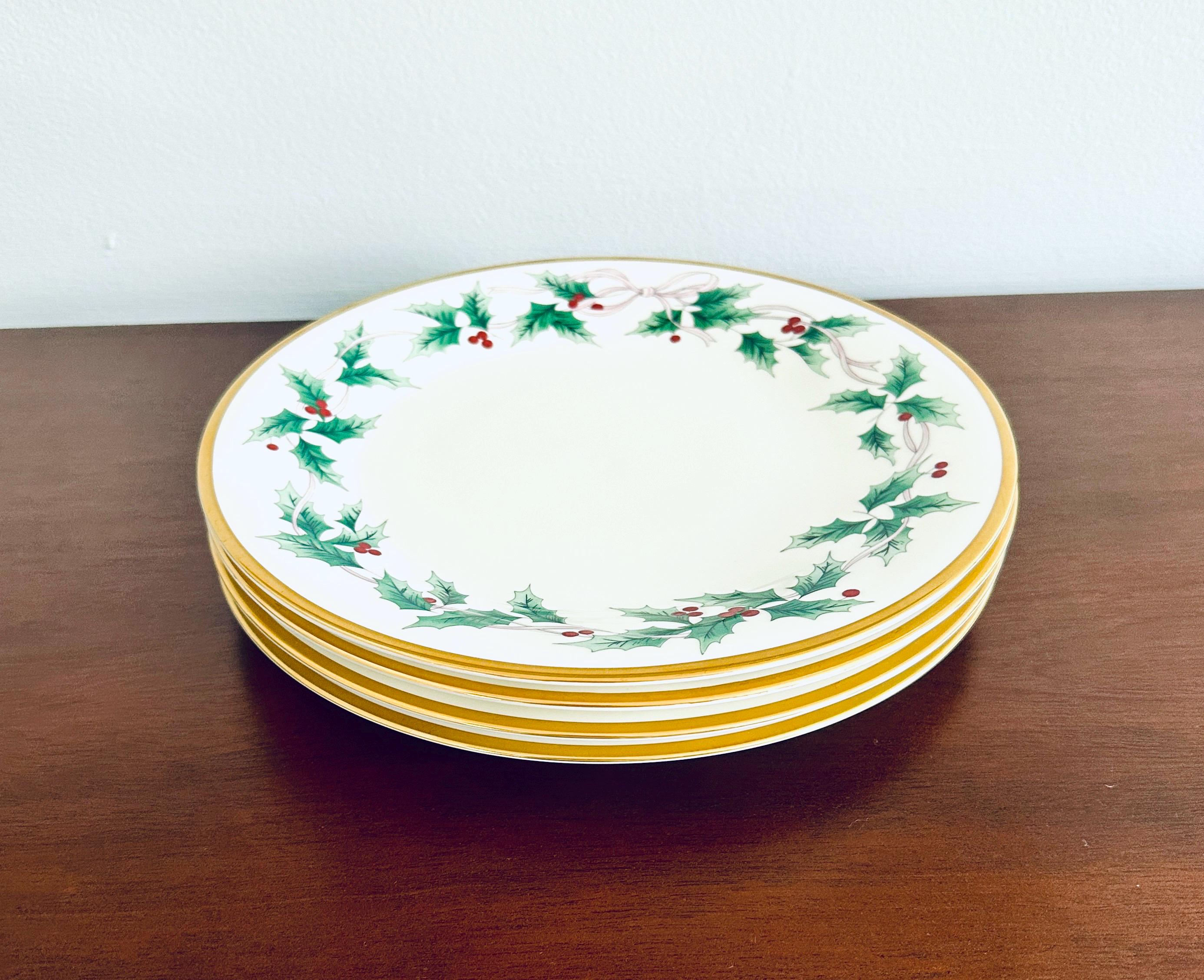 4 Mikasa Ribbon Holly Dinner Plates