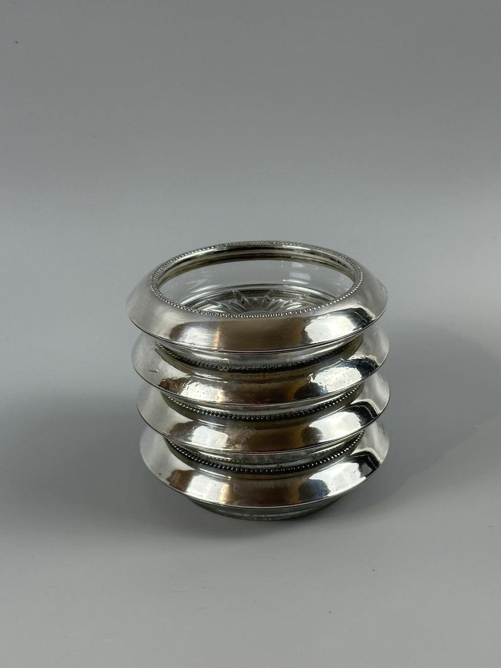 4 Antique Whiting Silver Sterling and Glass Coasters