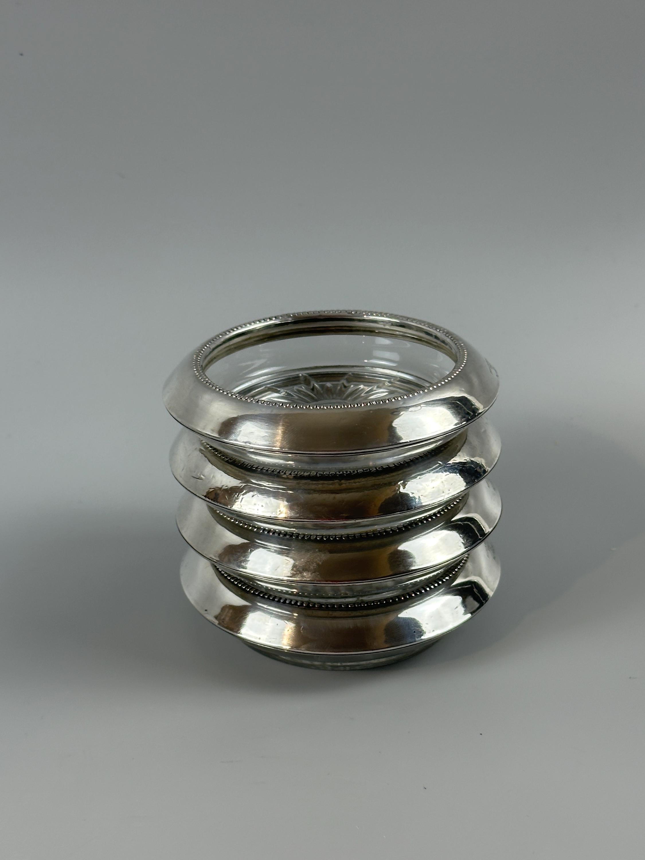 4 Antique Whiting Silver Sterling and Glass Coasters