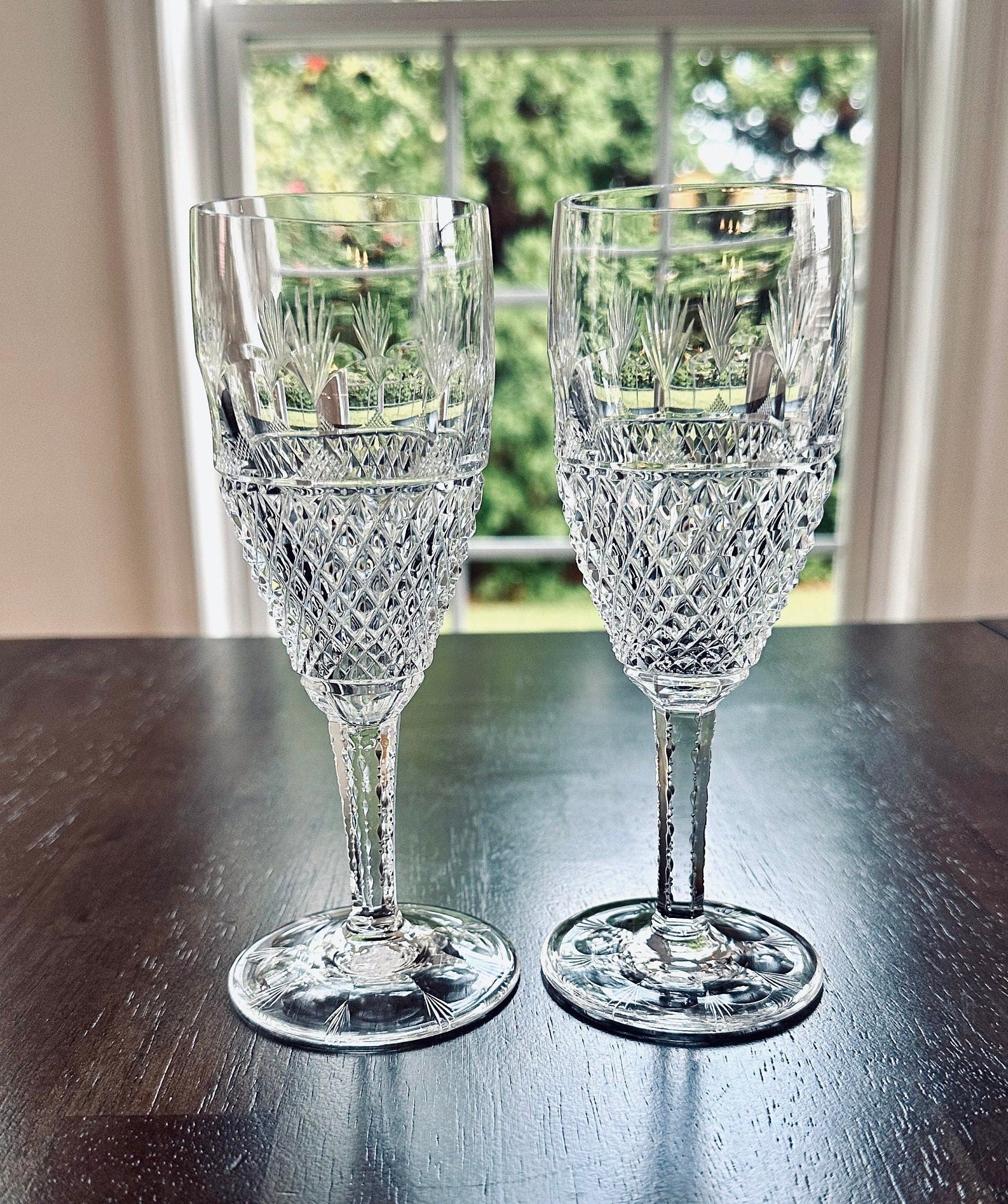 2 Tiffany Gilbert Crystal Champagne Flutes