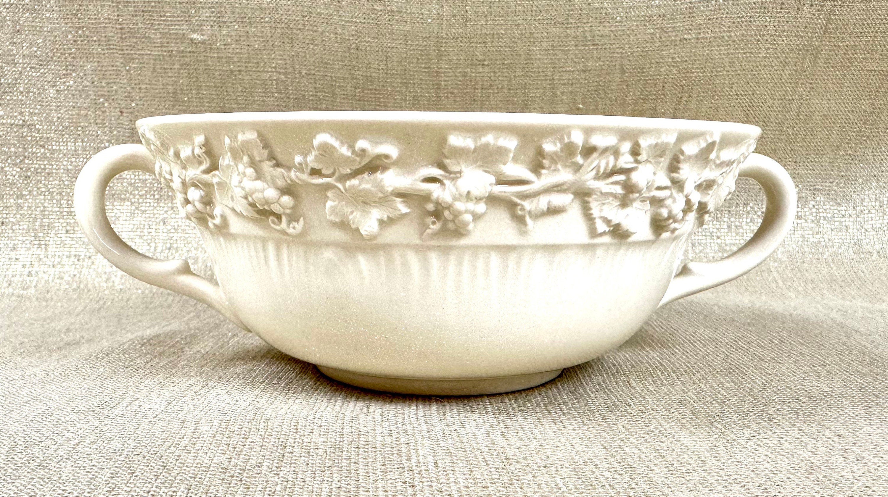 2 Wedgwood Queensware Cream Soup Bowls & Saucers - Grape Pattern