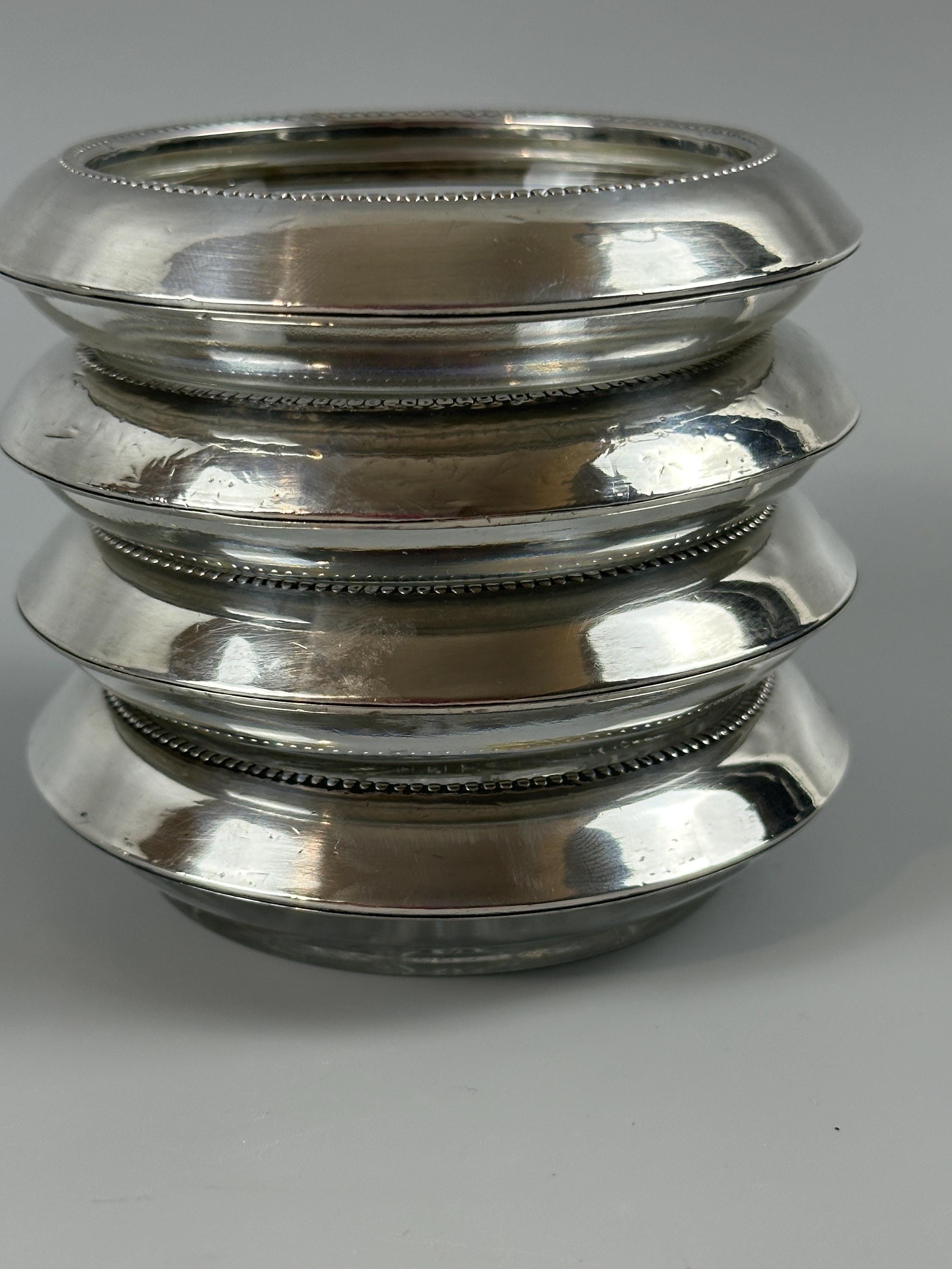 4 Antique Whiting Silver Sterling and Glass Coasters