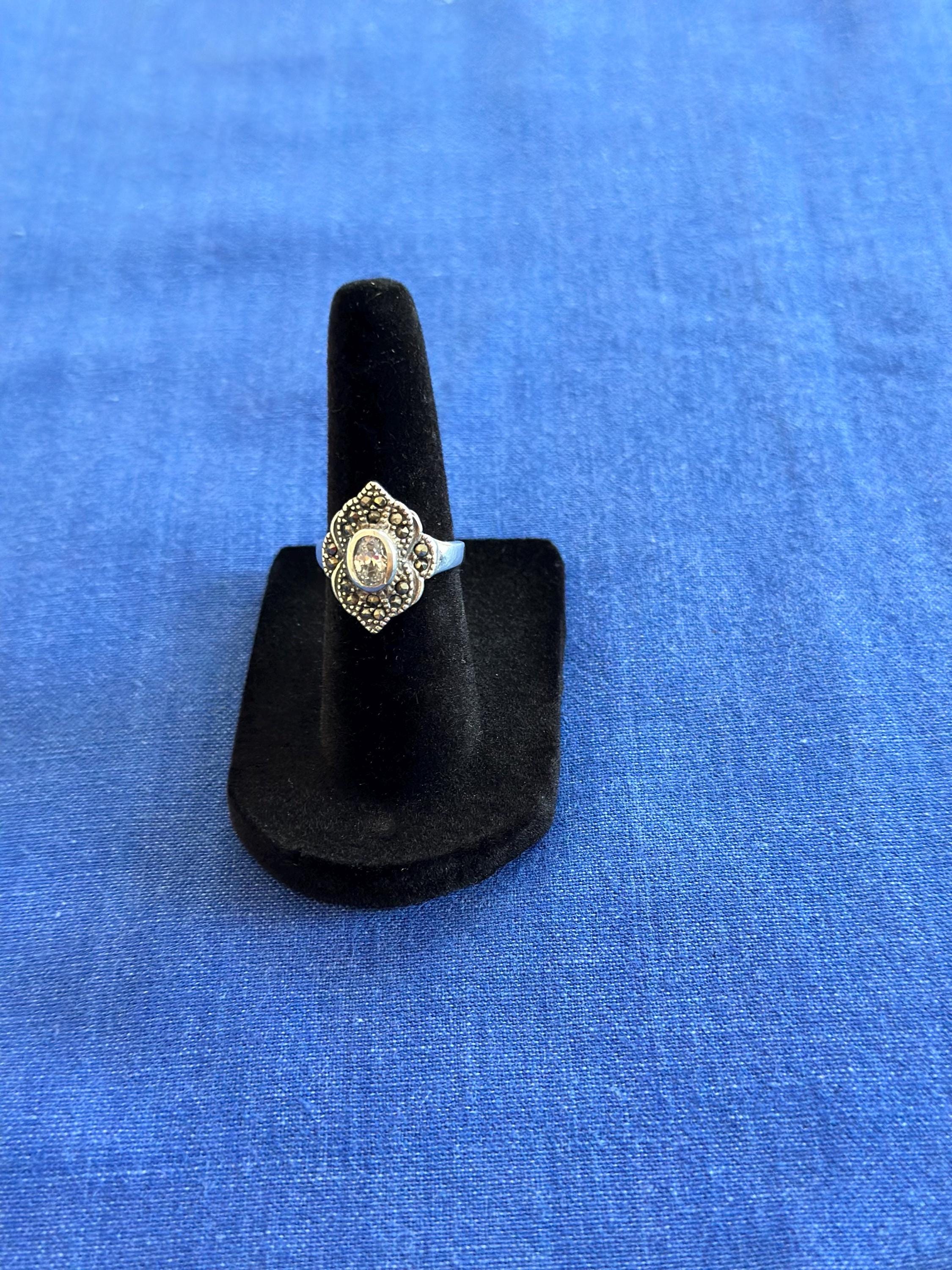 Vintage Sterling Silver Marcasite and Cubic Zirconia Cocktail Ring