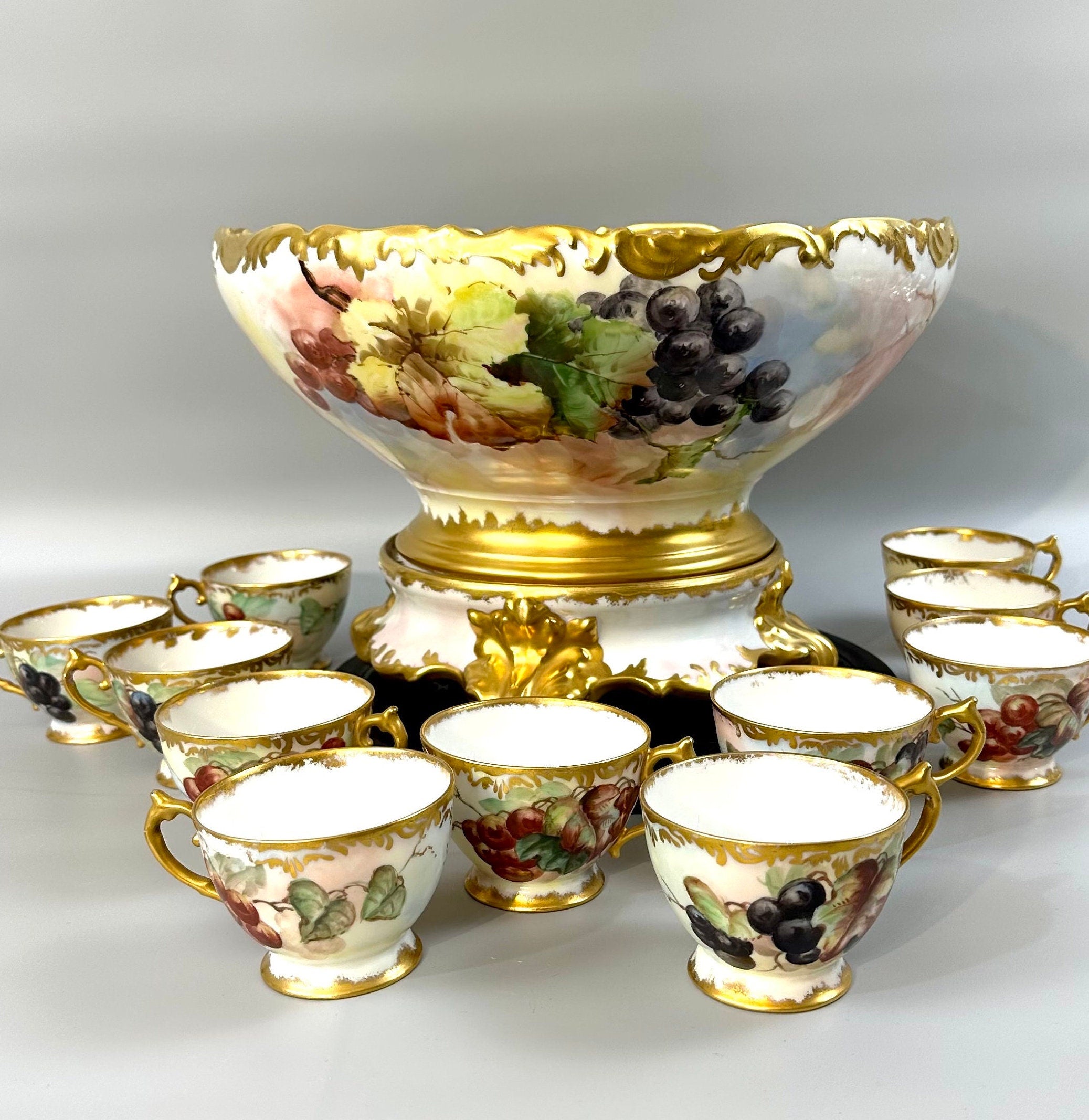 Sale-Stunning Antique Limoges Hand-painted Punchbowl Set