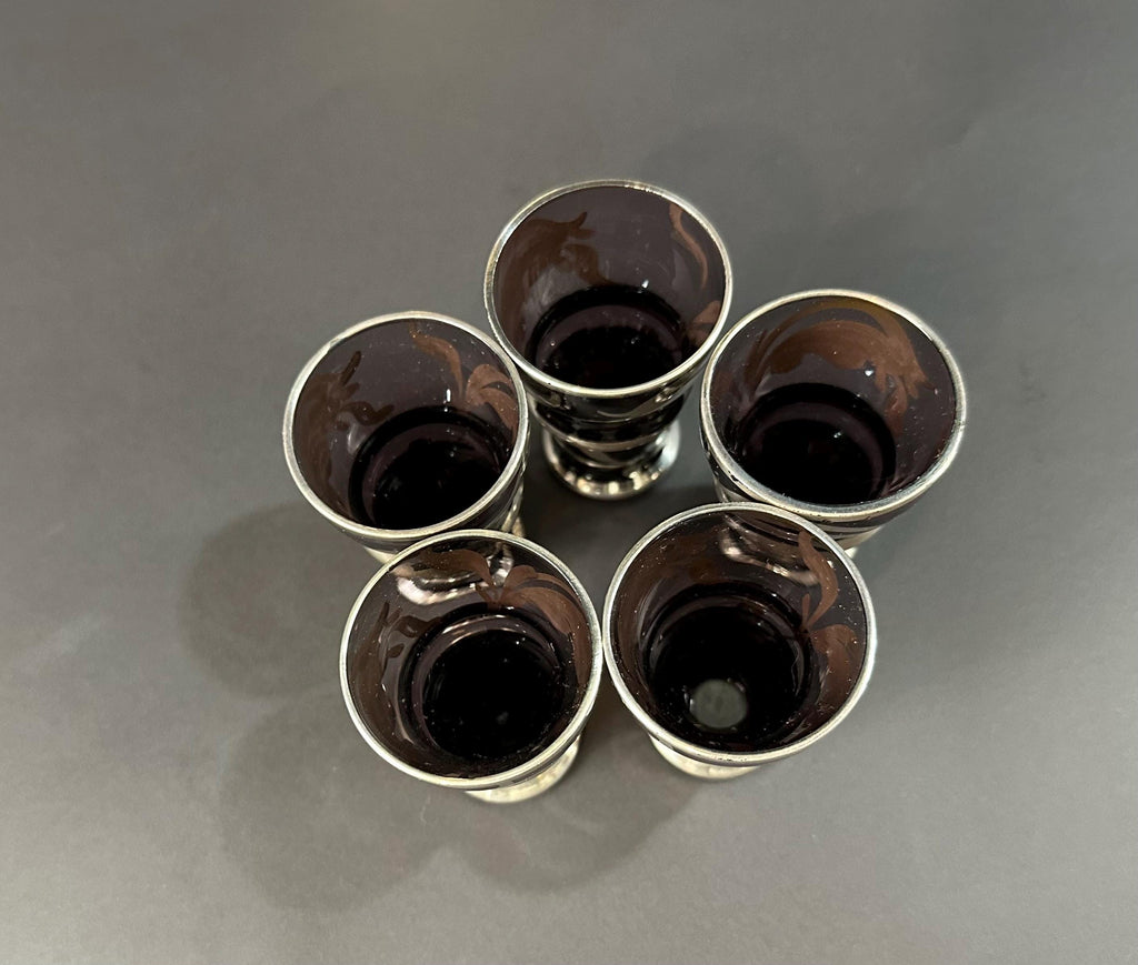 Five Amethyst Aparitif Glasses With Silver Overlay