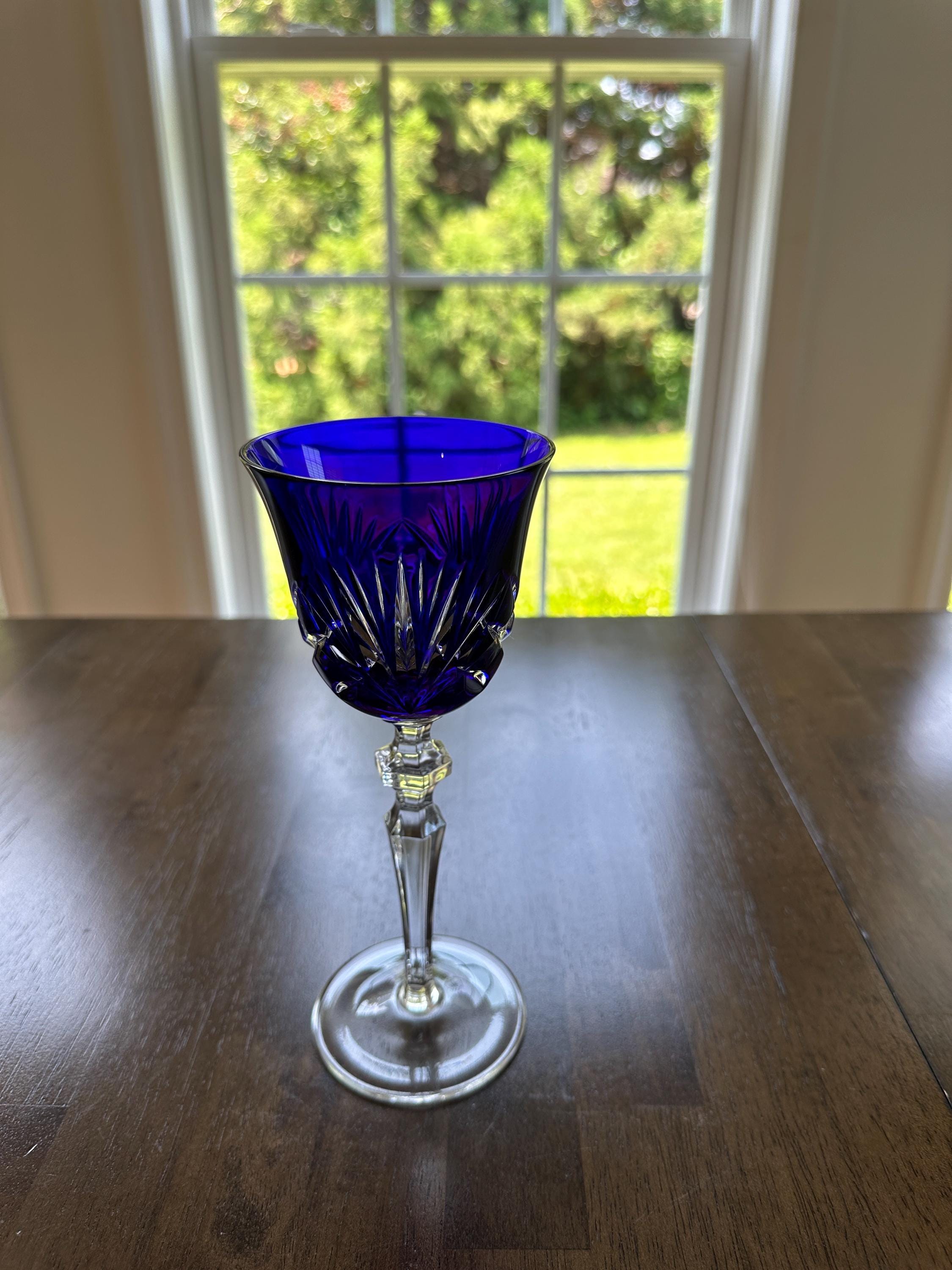 2 Gorham Crystal Cobalt Blue  Wine Glasses Cherrywood