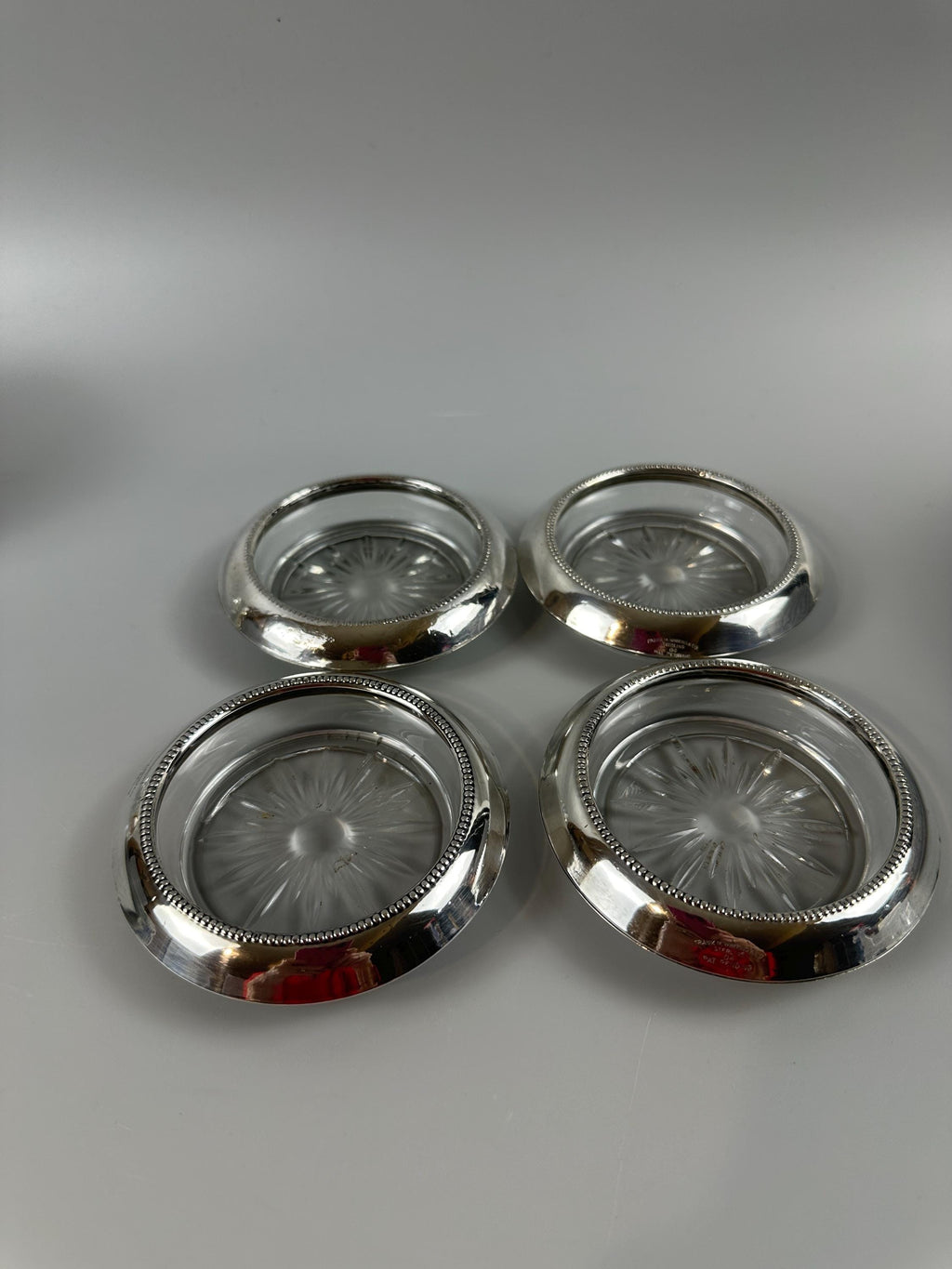 4 Antique Whiting Silver Sterling and Glass Coasters