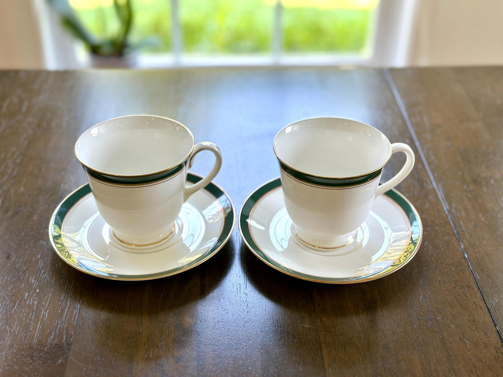2 Royal Worcester Howard Leather Green Teacups and Saucers