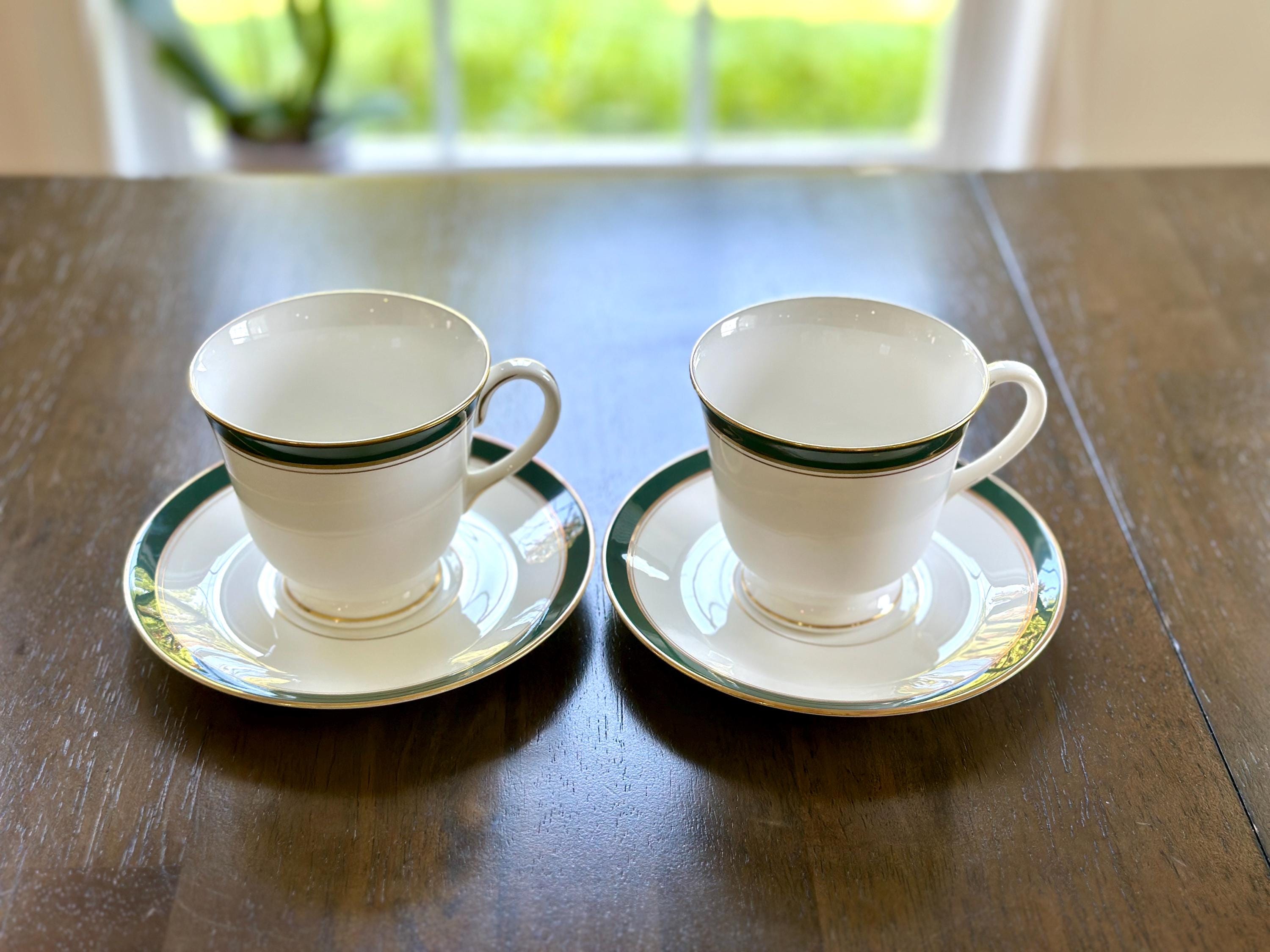 2 Royal Worcester Howard Leather Green Teacups and Saucers
