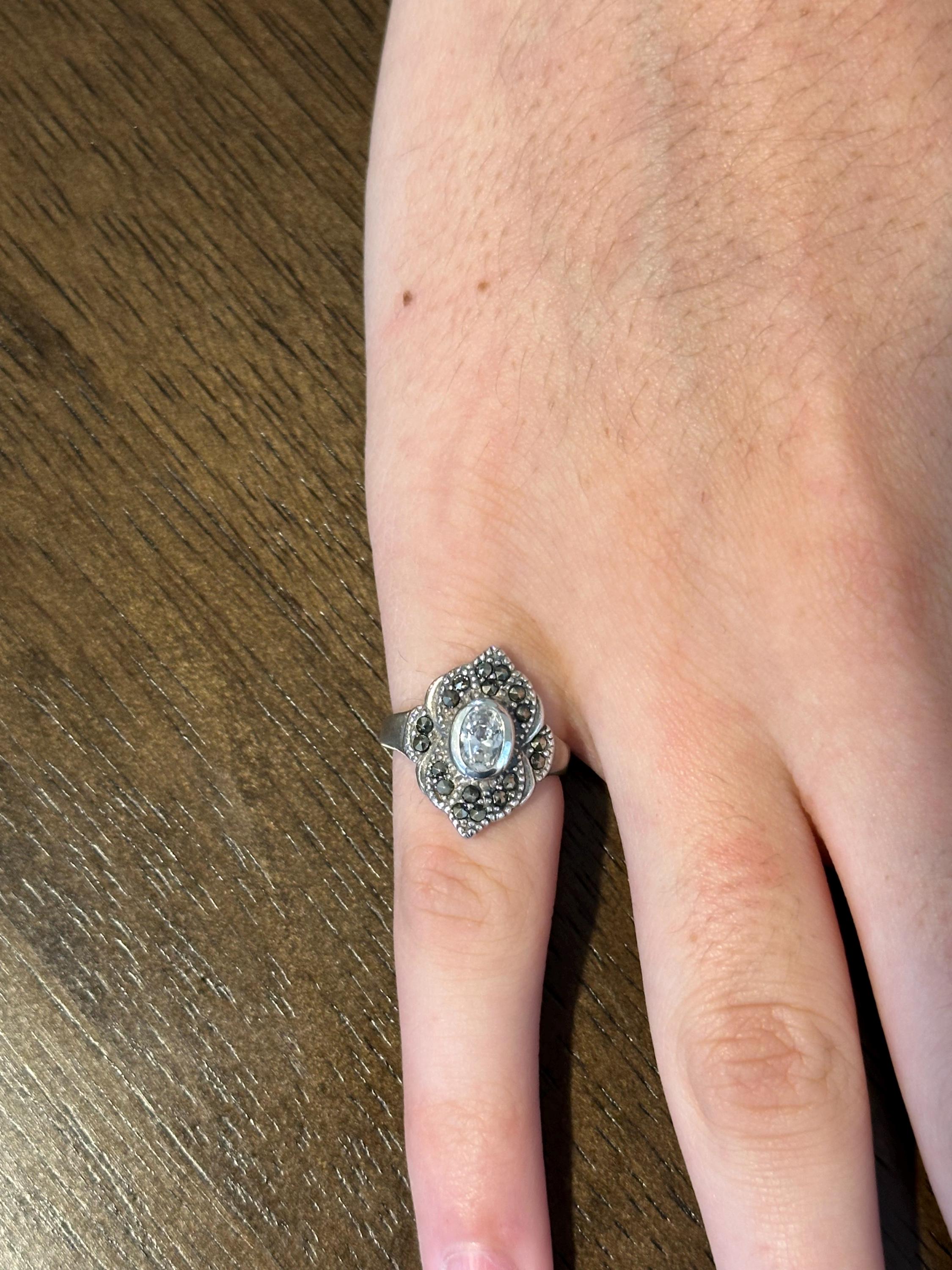 Vintage Sterling Silver Marcasite and Cubic Zirconia Cocktail Ring