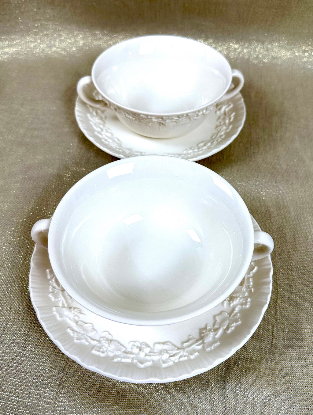 2 Wedgwood Queensware Cream Soup Bowls & Saucers - Grape Pattern