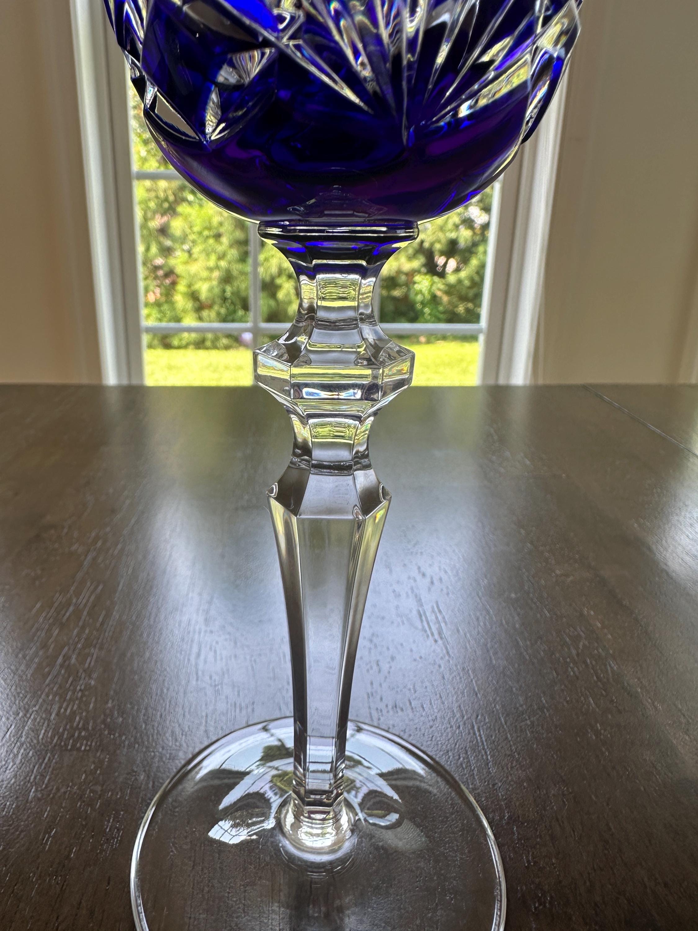 2 Gorham Crystal Cobalt Blue  Wine Glasses Cherrywood