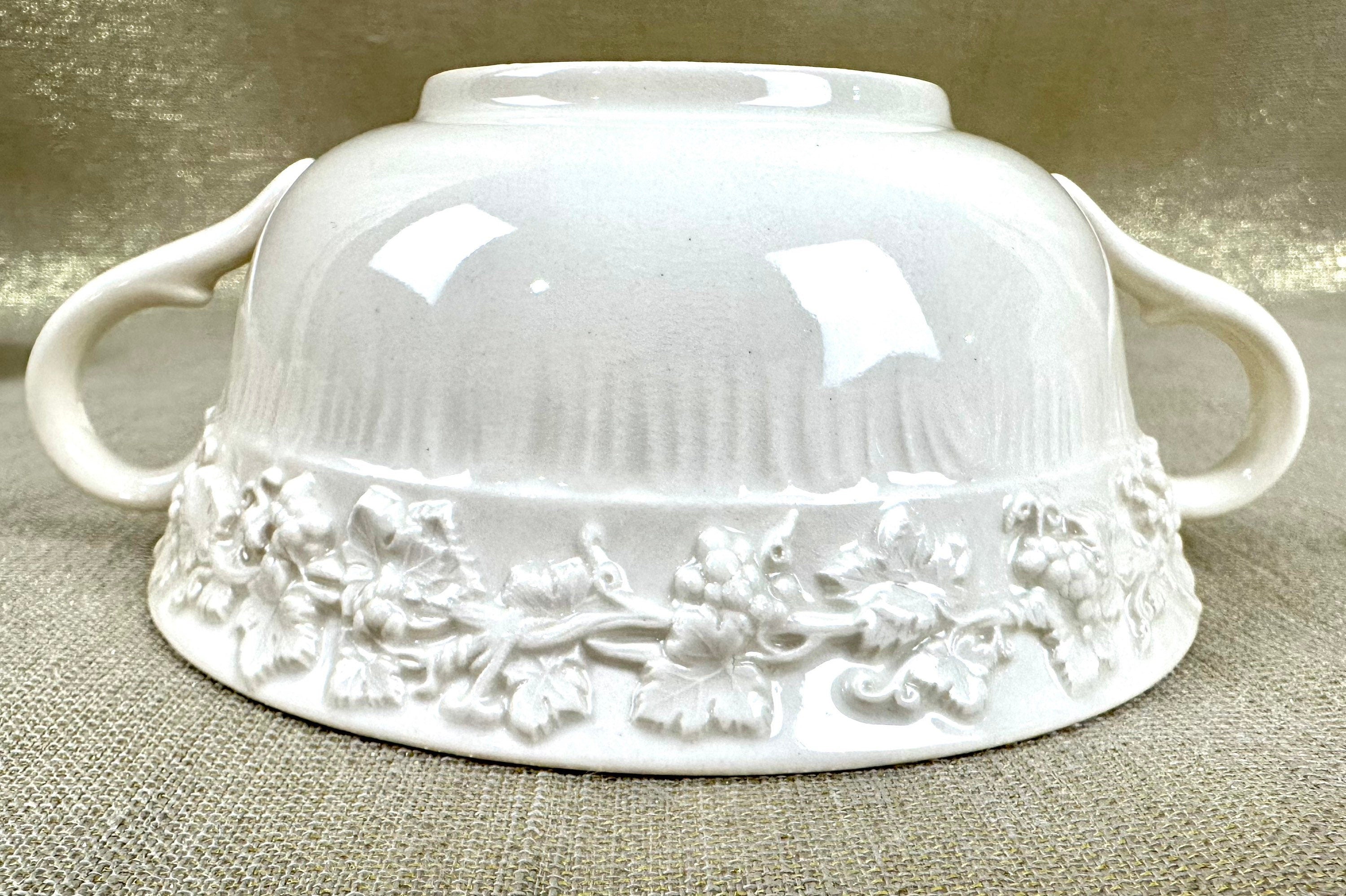 2 Wedgwood Queensware Cream Soup Bowls & Saucers - Grape Pattern