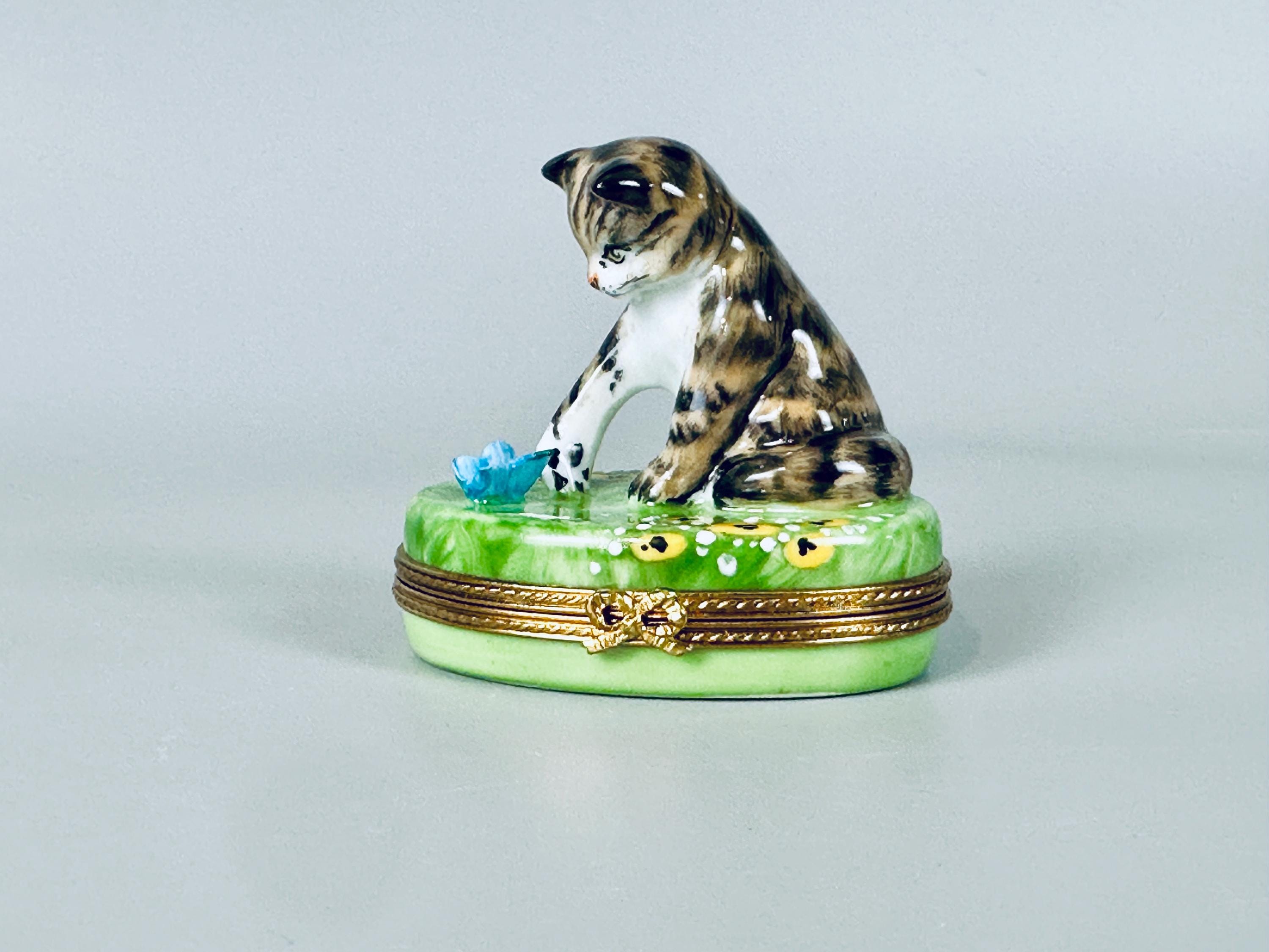Limoges Trinket Box by Porcelaine Pierre Arguie Cat with Butterfly