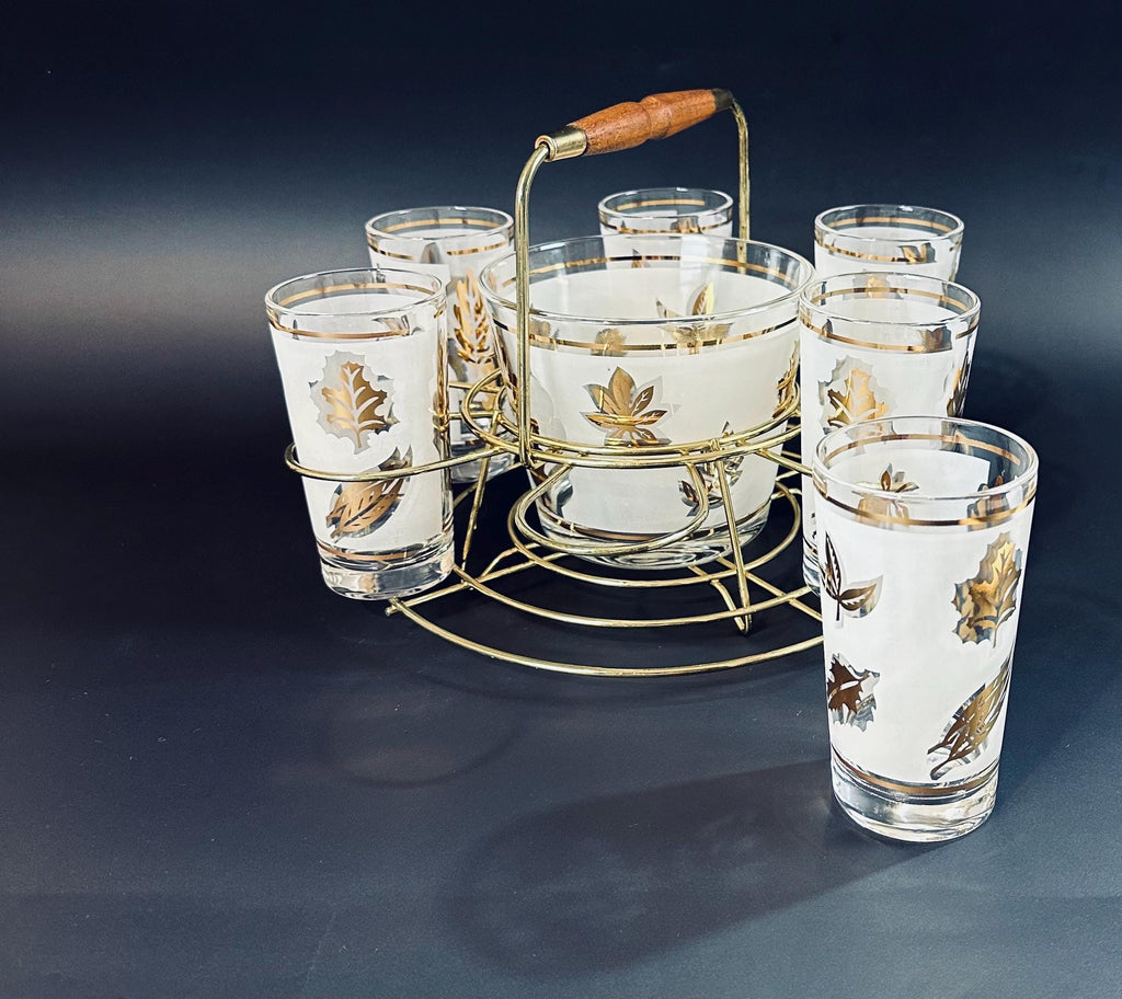 Libbey Gold Leaf Barware Set With Holder and Ice Bucket
