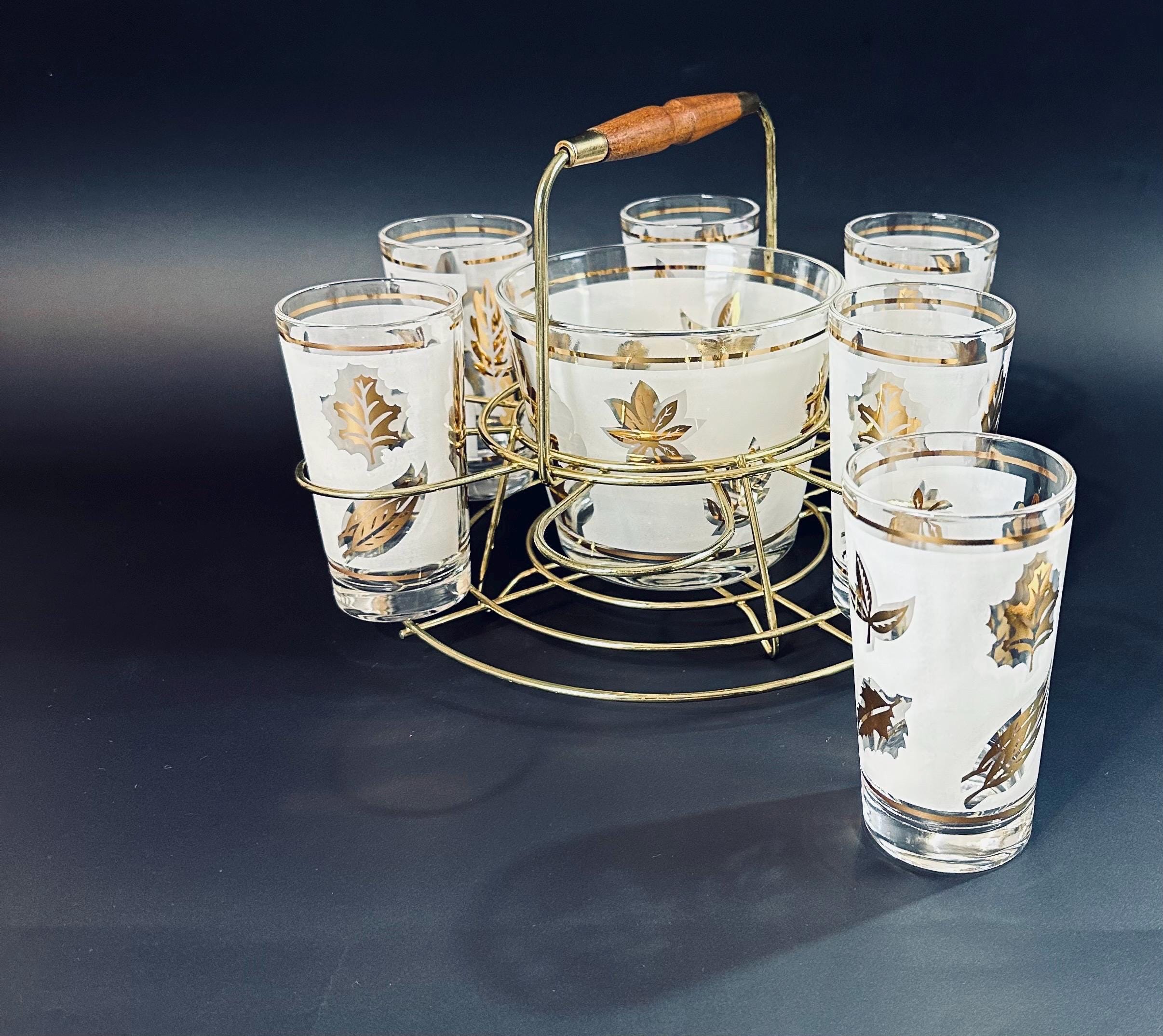 Libbey Gold Leaf Barware Set With Holder and Ice Bucket