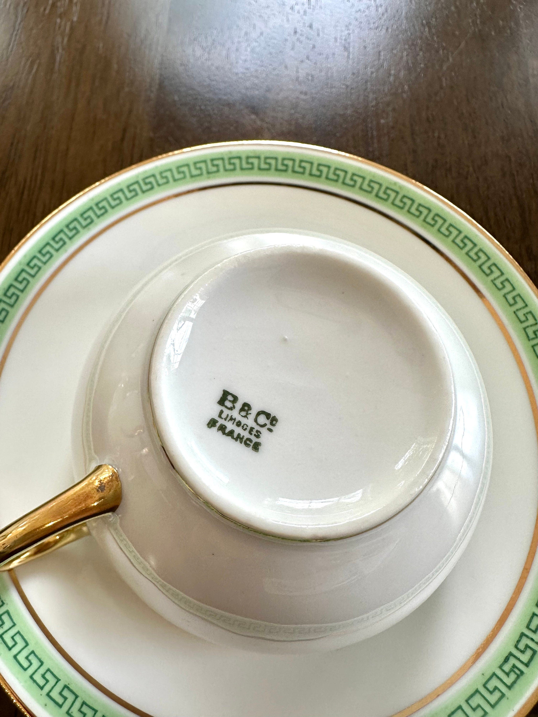 2 Bernardaud Green Greek Key Teacups