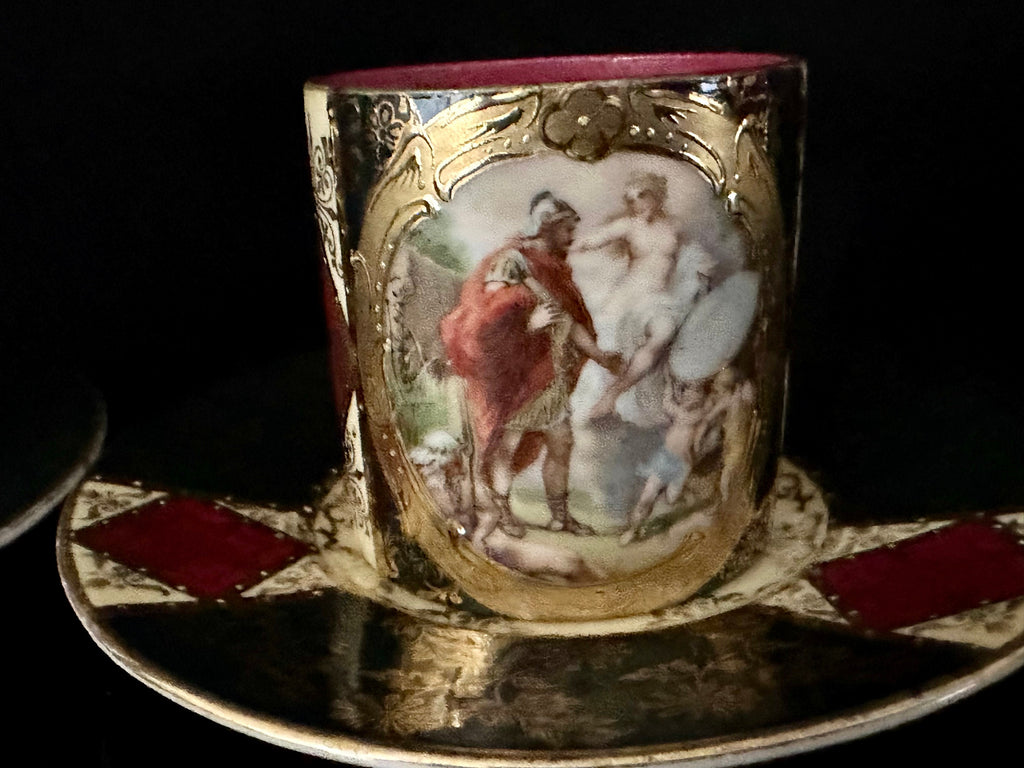 4 Antique Royal Vienna Reproduction Demitasse Cups and Saucers
