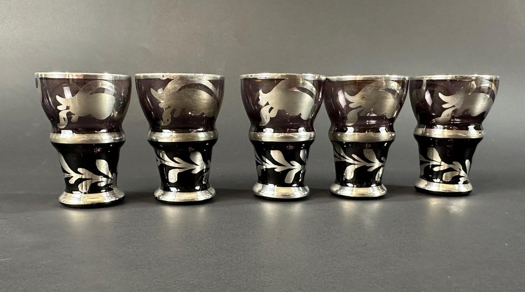 Five Amethyst Aparitif Glasses With Silver Overlay