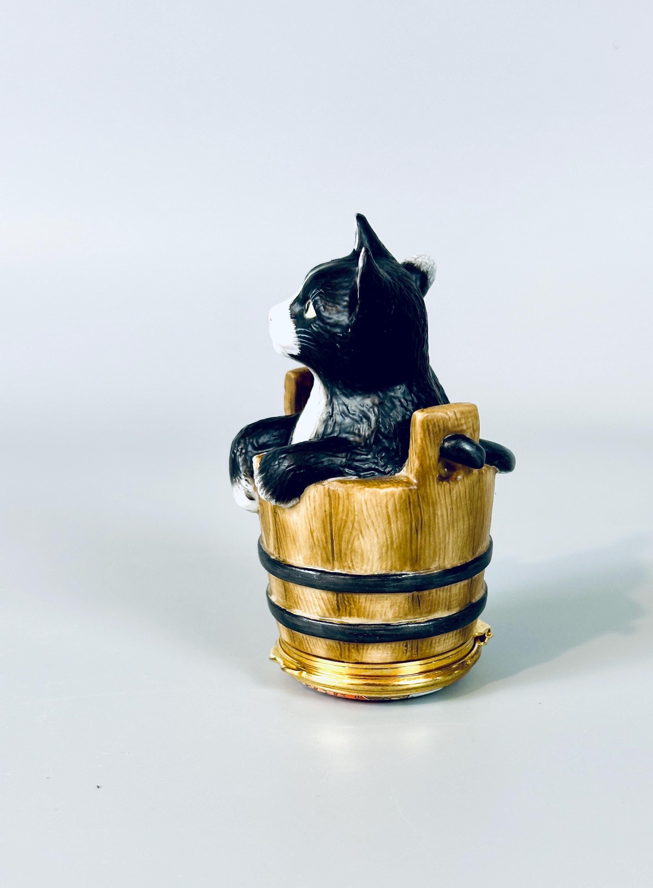 Limoges Trinket Box Black Cat in Bucket