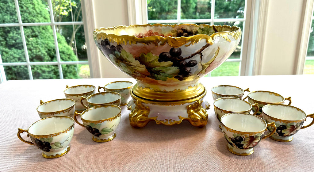 Sale-Stunning Antique Limoges Hand-painted Punchbowl Set