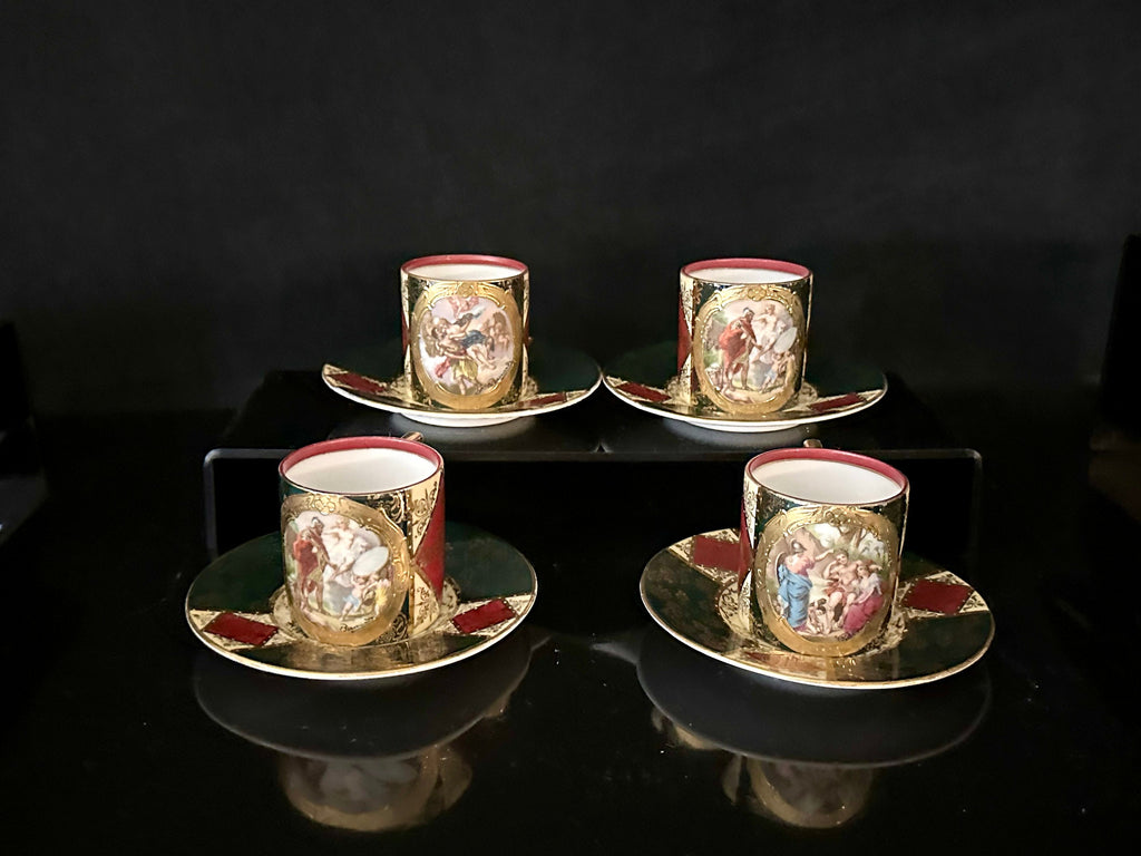 4 Antique Royal Vienna Reproduction Demitasse Cups and Saucers